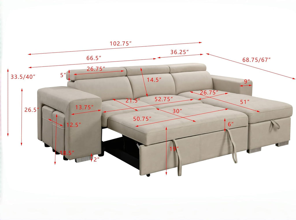 THSUPER 102'' Microfiber L Shaped Sectional Sleeper Sofa Couch with Pullout Bed and Storage Chaise, Convertible Couches with Adjustable Headrest for Living Room, Reversible Chaise. Beige