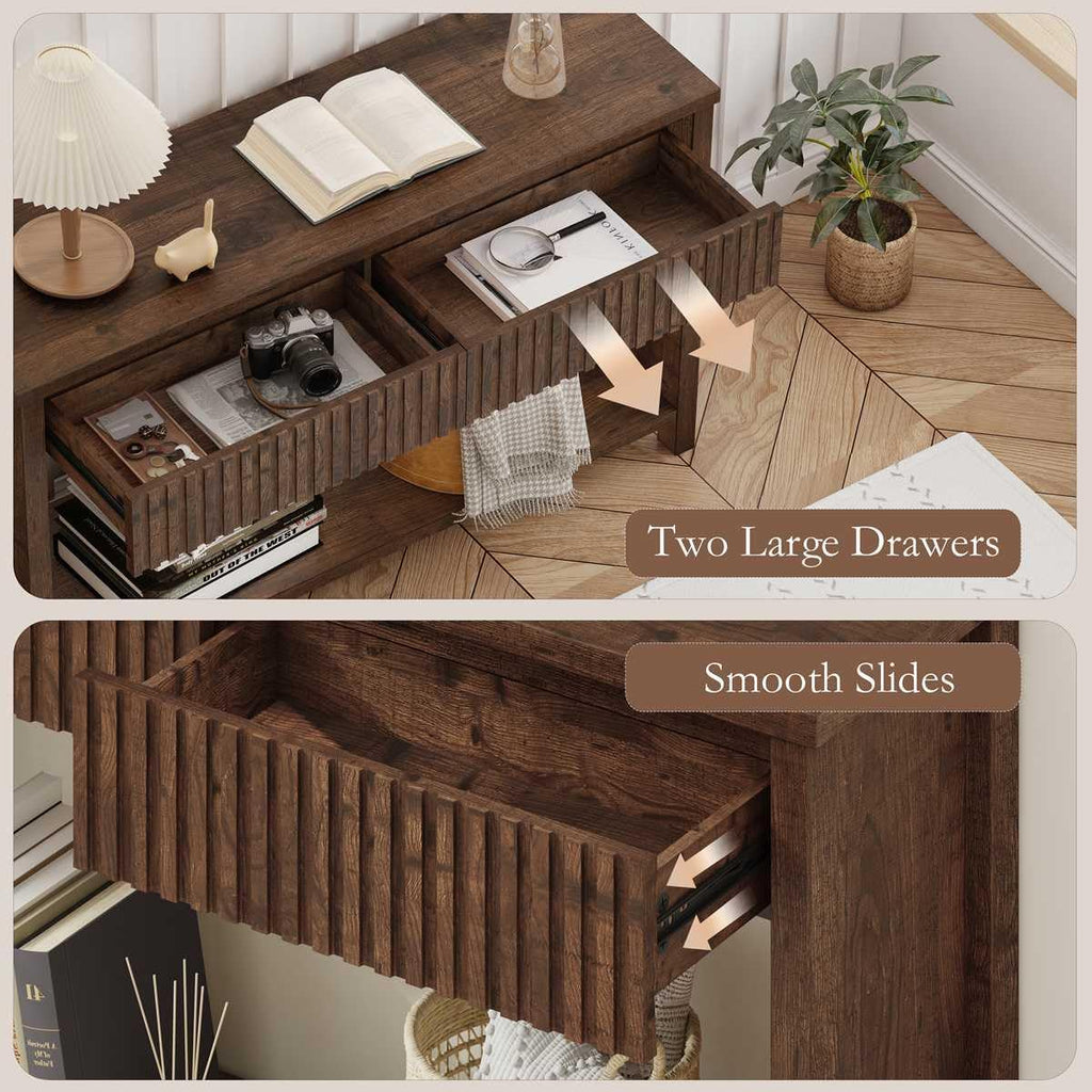 BON AUGURE Console Table with 2 Drawers, 47In Entryway Table with Storage, Sofa Tables with Two-Tier Shelf, Narrow Farmhouse Fluted Couch Tables for Living Room, Rustic Oak