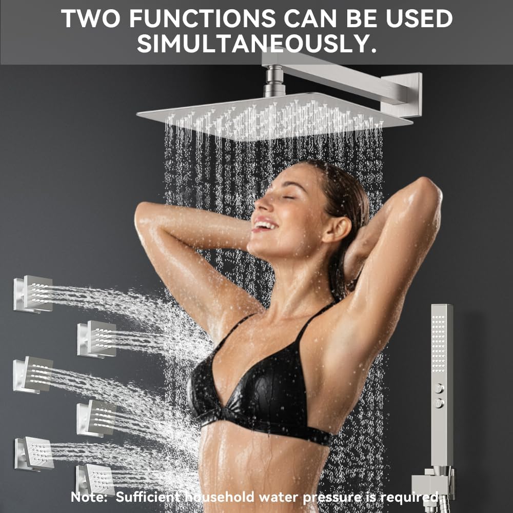 Brushed Nickel Shower System with Body Jets, STARBATH 12 Inch Rainfall Shower and Handheld Spray, Wall Mounted Full Body Shower System Rough-in Mixer Pressure Balance Valve Shower Faucet Set Complete