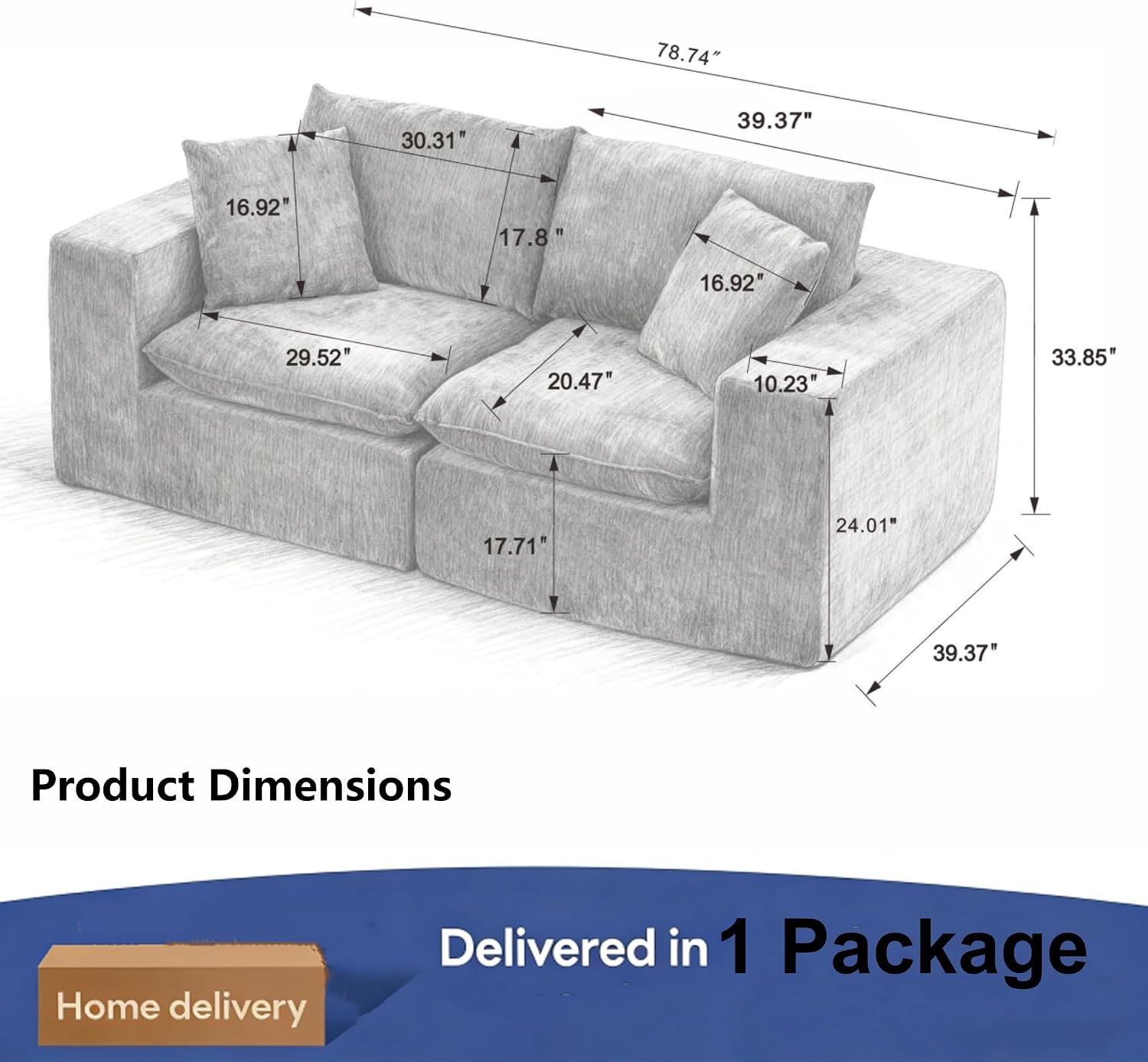 Ball & Cast Modular Loveseat Cloud Sofa,79'' Chenille Sectional Couch with Wider Armrest and Pillow,2 Seat Upholstered Convertible Comfy Love seat Chenille Sofa Couches for Living Room, Black