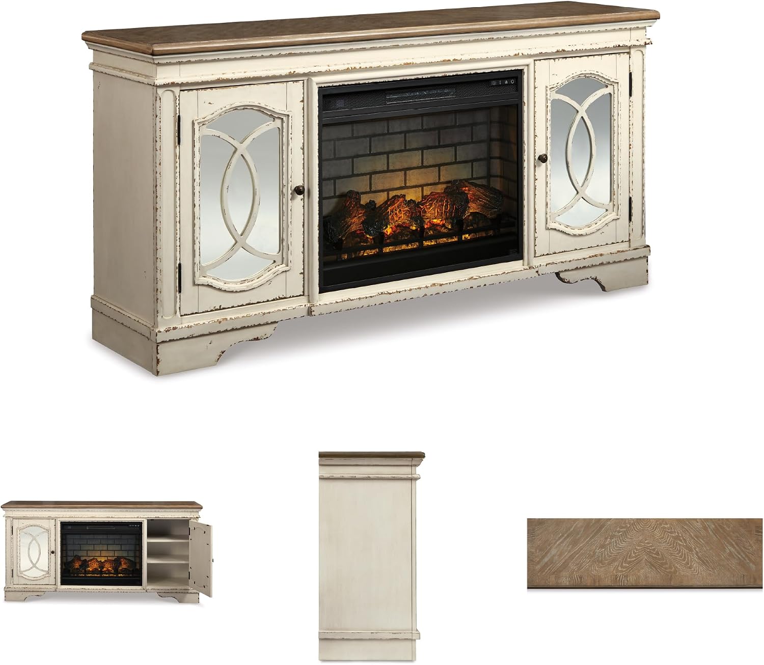 Signature Design by Ashley Realyn Vintage Casual TV Stand with Electric Fireplace, Heats Larger Rooms, Bronze Hardware, Wood, 74' Wide, White & Brown