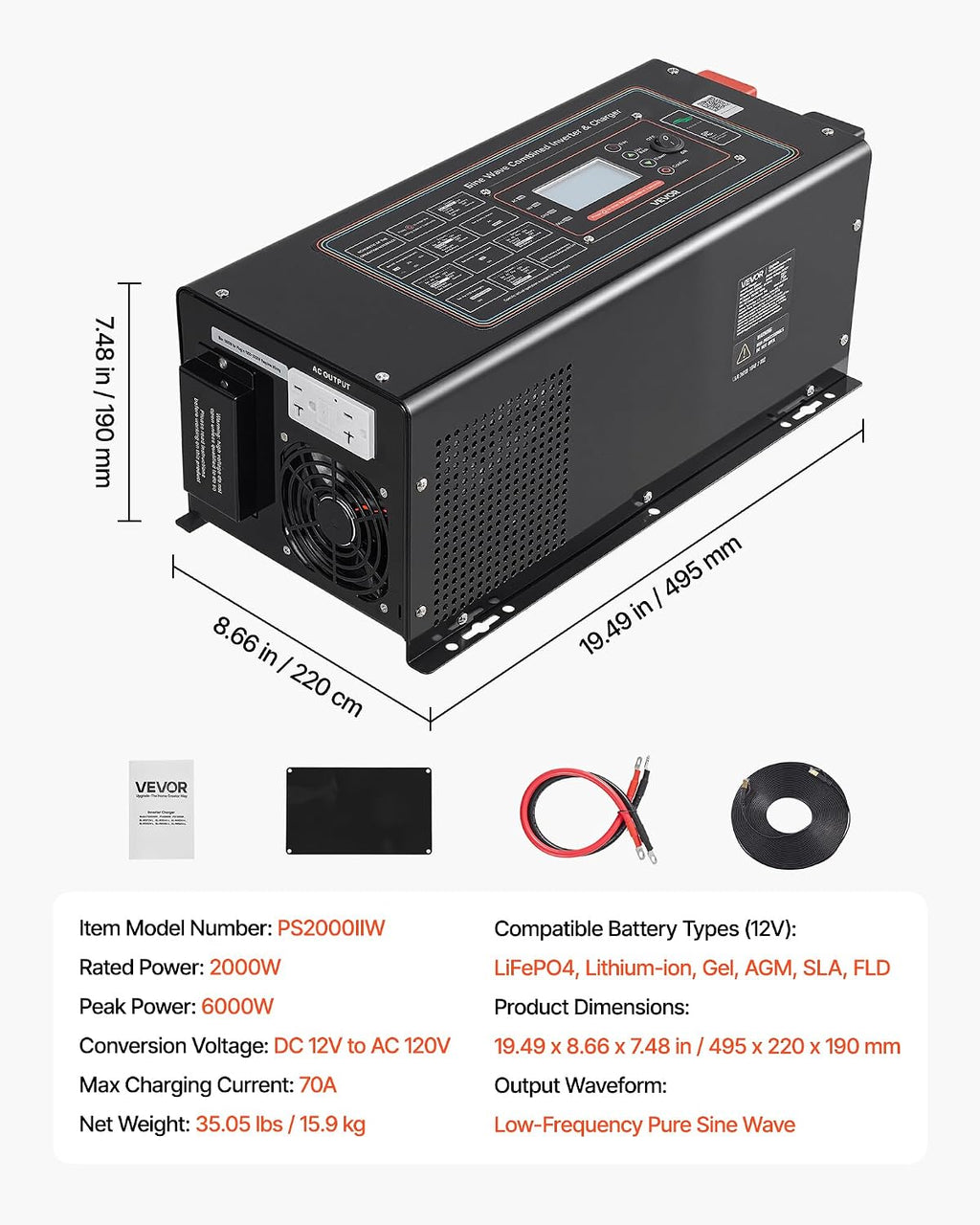 VEVOR Pure Sine Wave Inverter Charger, 2000W, DC 12V to AC 120V Power Inverter with LCD Display, Remote Control, Low Frequency, GFCI, for RV Camper Home, Compatible with 12V LiFePO4 Lithium Batteries