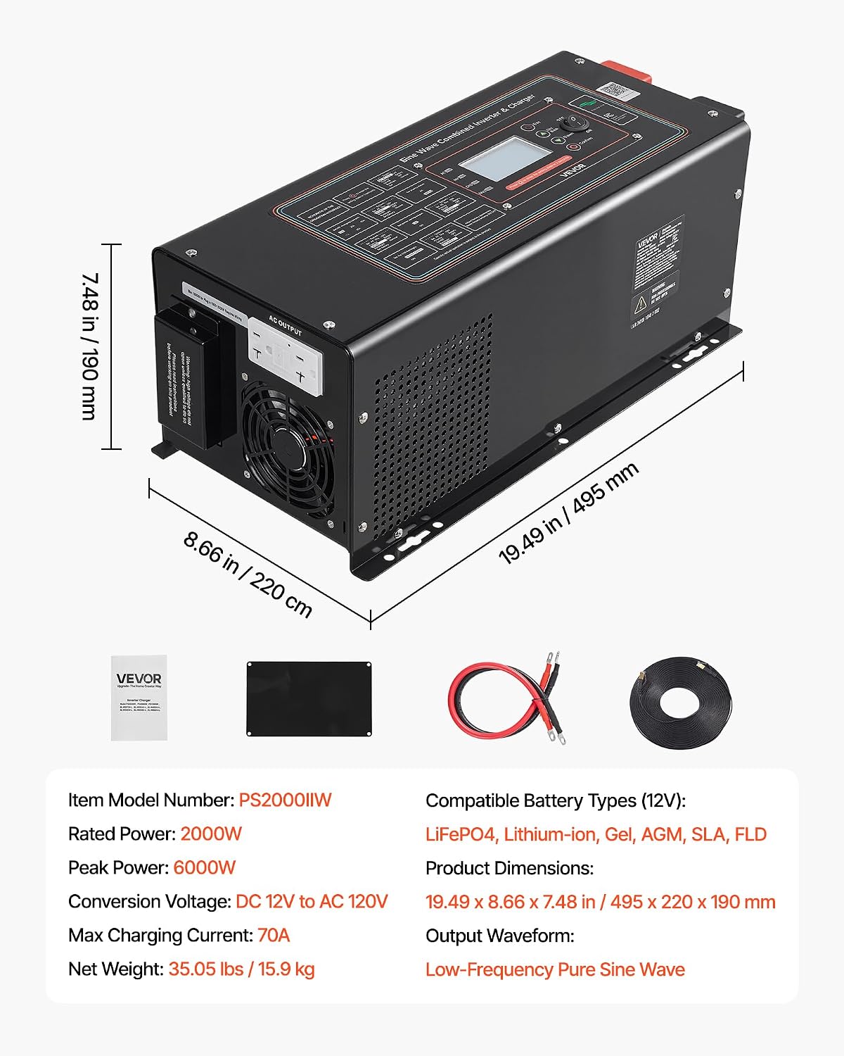 VEVOR Pure Sine Wave Inverter Charger, 2000W, DC 12V to AC 120V Power Inverter with LCD Display, Remote Control, Low Frequency, GFCI, for RV Camper Home, Compatible with 12V LiFePO4 Lithium Batteries