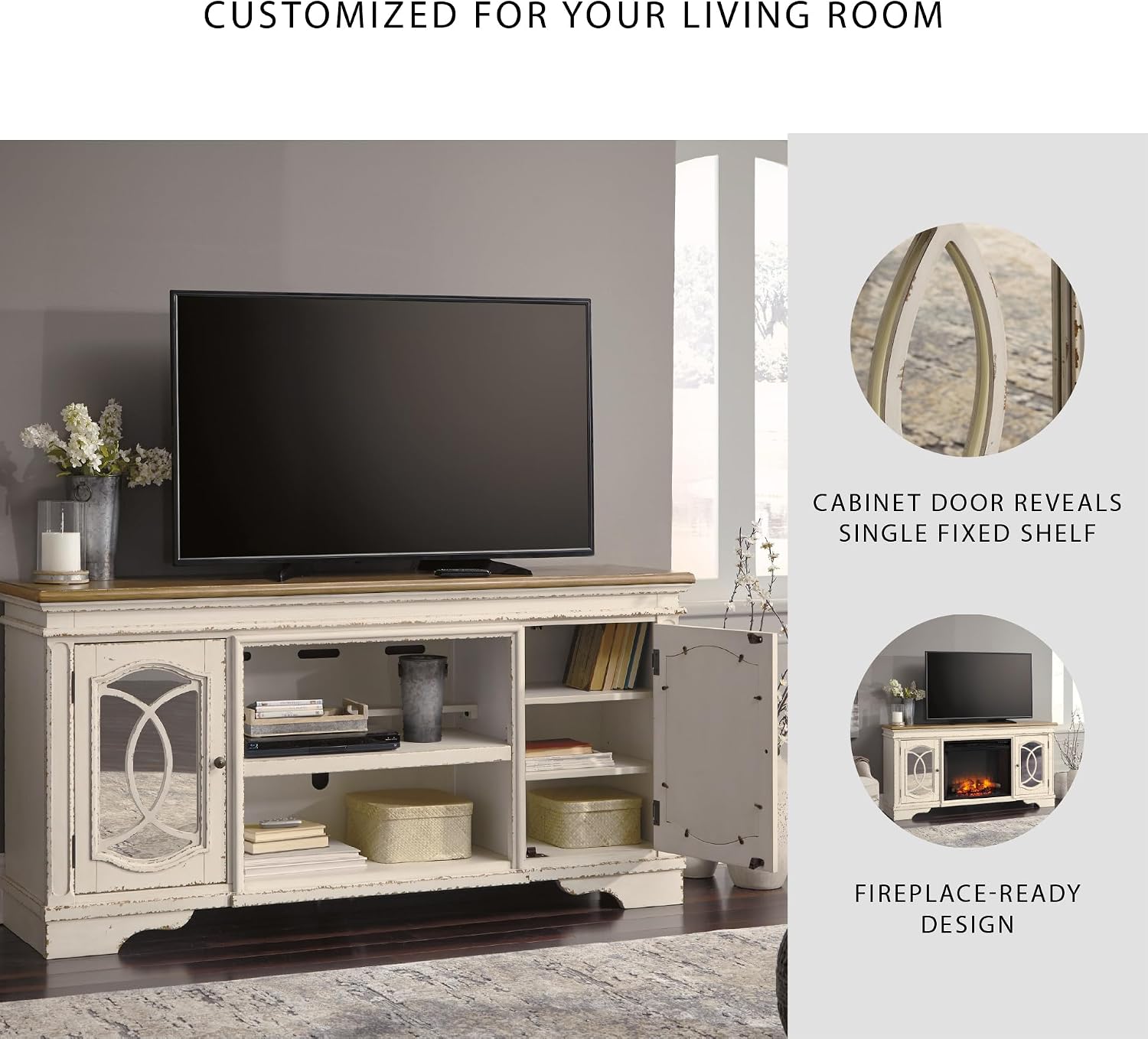 Signature Design by Ashley Realyn Farmhouse TV Stand with Fireplace Option Fits TVs up to 72', 2 Cabinet Doors and Adjustable Storage Shelf, White & Rustic Brown