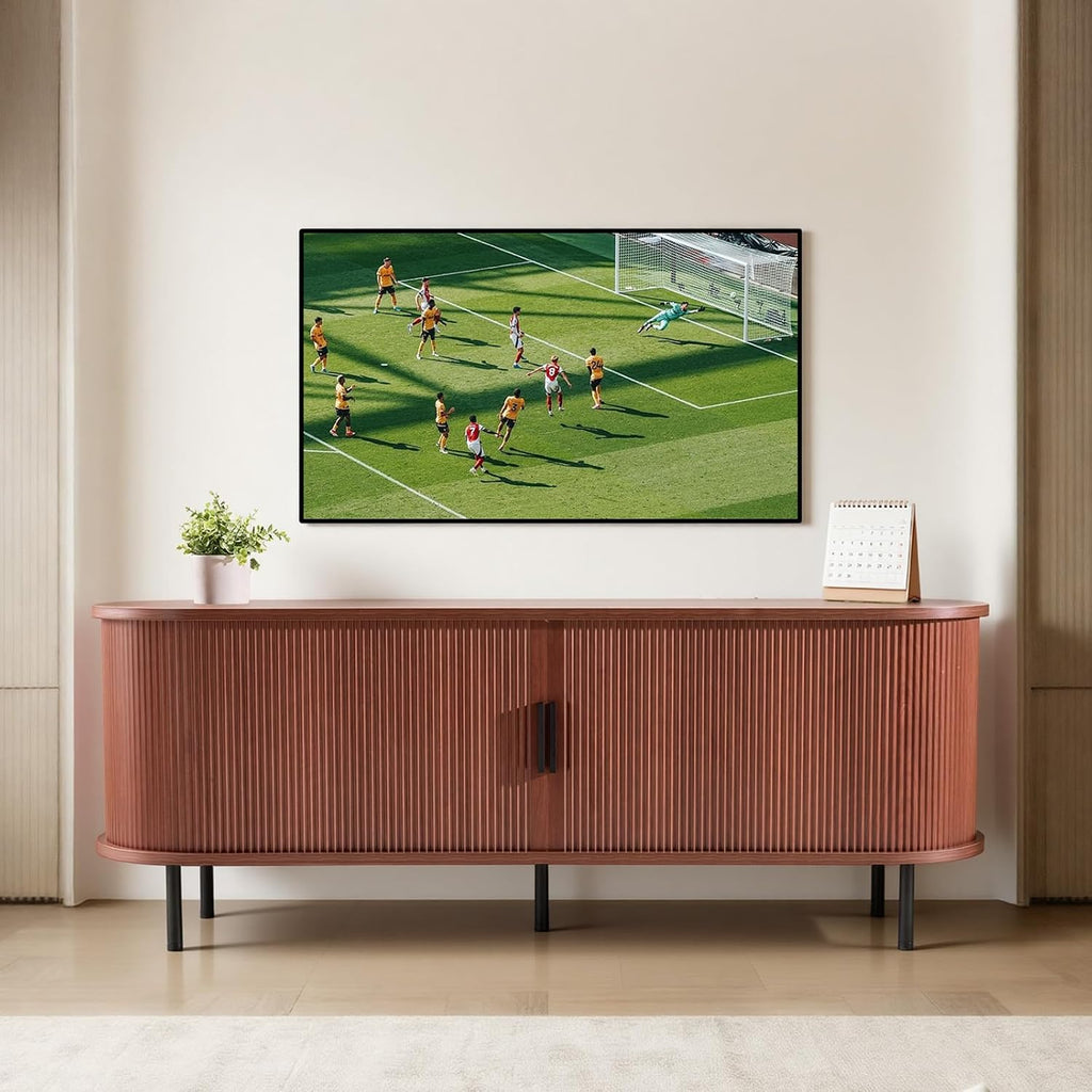 VEVOR Fluted TV Stand for TVs up to 65 inch, Mid-Century Modern Entertainment Center, Boho Media Console with Storage Cabinet & Sliding Tambour Door, Television Stand for Living Room, Bedroom, Walnut