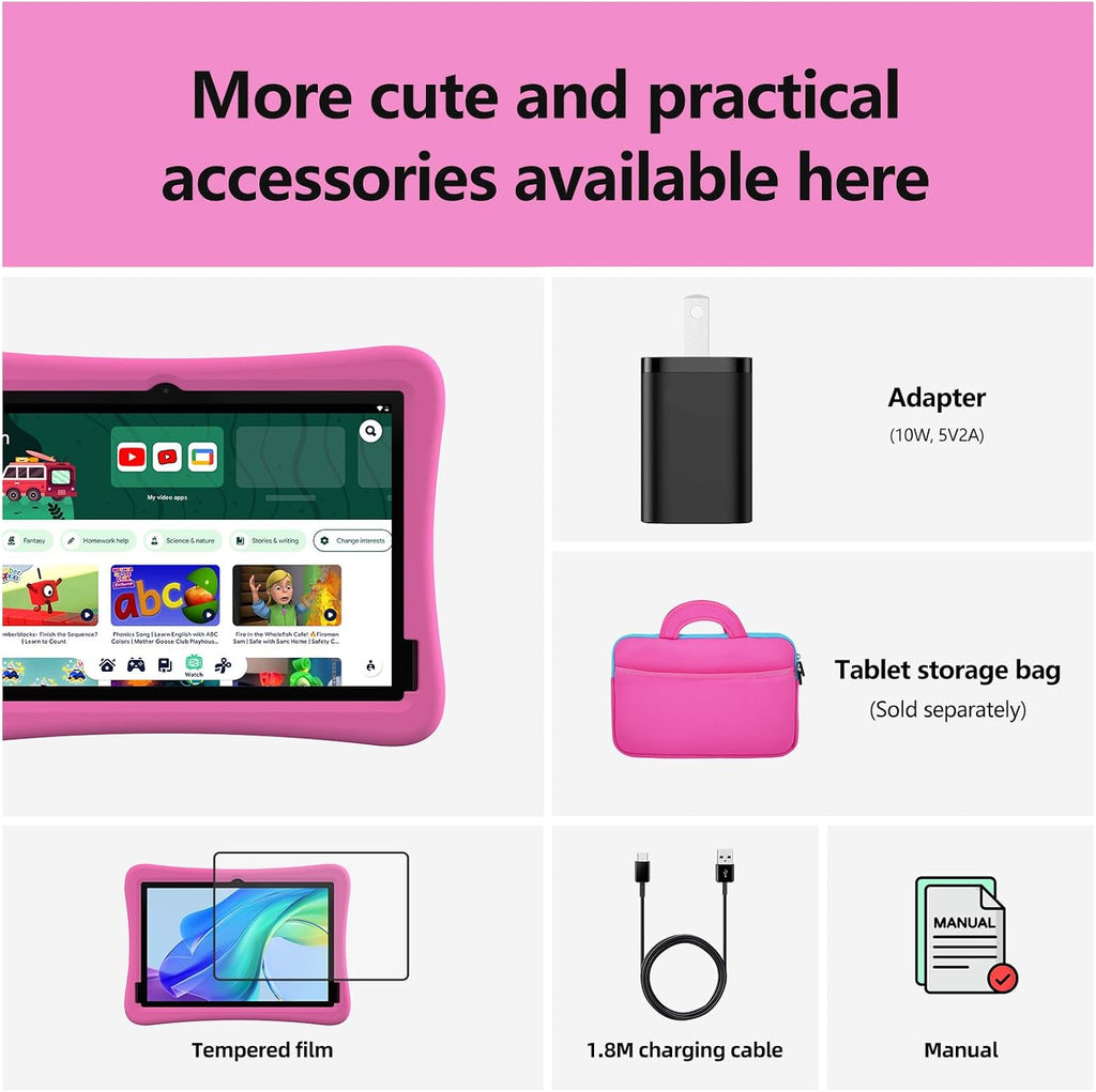 plimpton Kids Tablet 10 Inch - Upgraded Android 15 Tablet for Kids with Case Included, Octa-Core, Google Kids Space, Parental Control, 4GB+64GB, WiFi, BT5.3, YouTube, Great Gift for Toddler (Pink)
