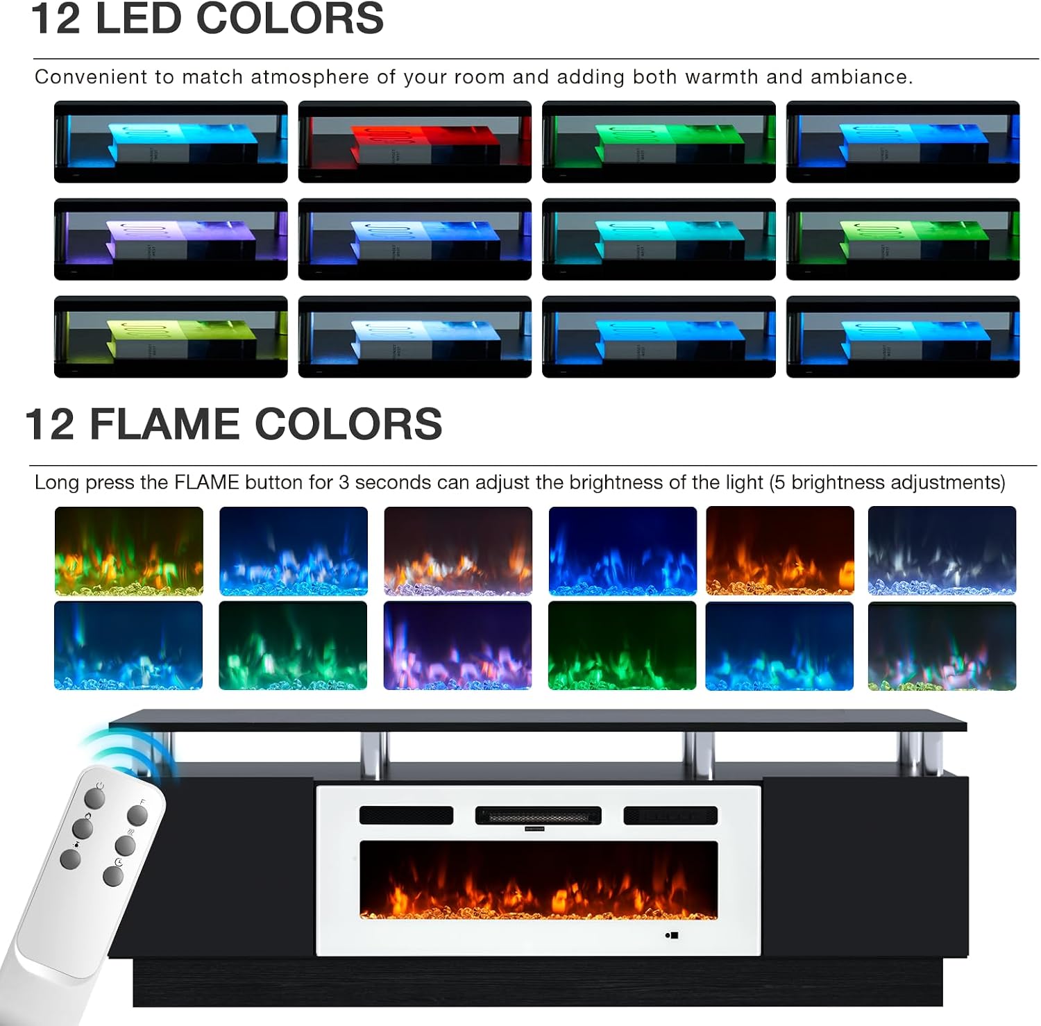 MXV 70' Fireplace TV Stand, Modern Entertainment Center & 36 Inch Electric Fireplace with Remote Control, LED Light, Fire Place Tv Stand for Living Room for TVs up to 80', Black + White