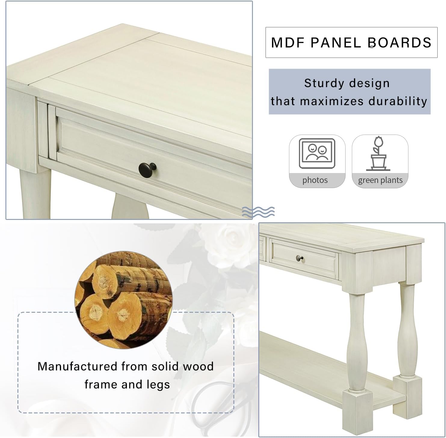 Merax LUMISOL 64 inch Long Console Sofa Table with 3 Drawers and Bottom Shelf, Hallway Table Entryway Table for Living Room, Easy Assembly (Antique White).