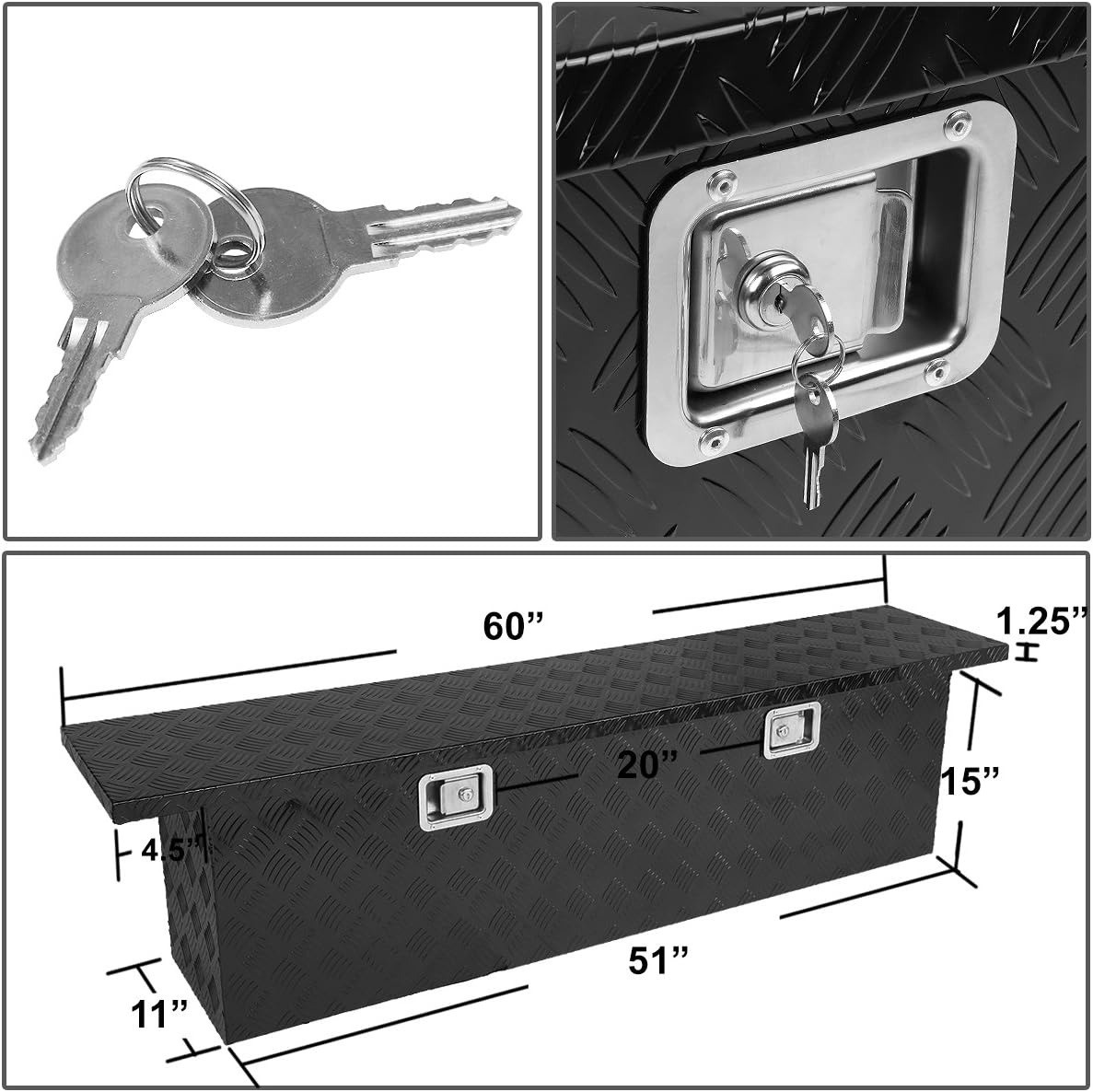 Auto Dynasty 51 x 11 x 15 Inches Powdercoated Aluminum Pickup Truck Bed Trailer Key Lock Storage Tool Box (Black)