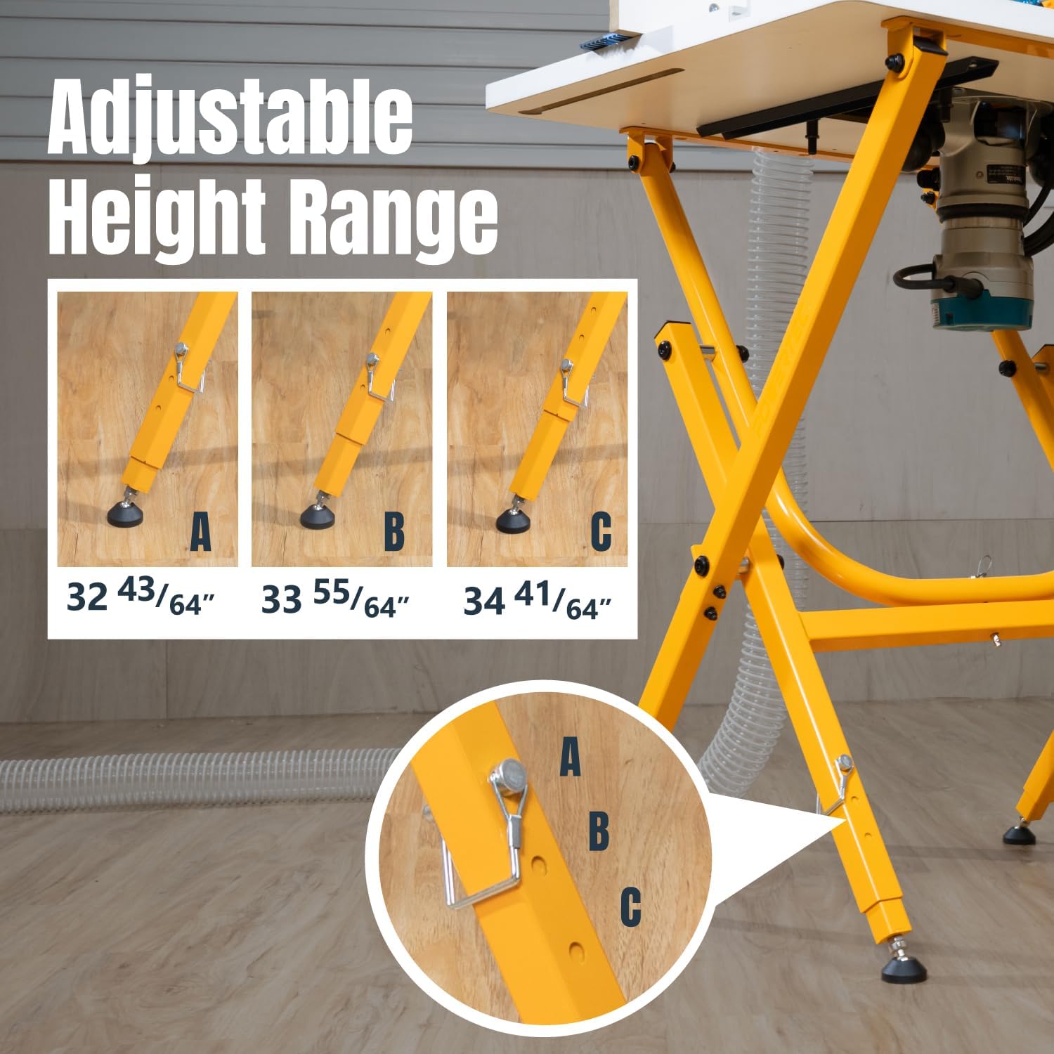 POWERTEC UT1010C Heavy Duty Steel Folding Work Stand with Router Tabletop, Aluminum Insert Plate and Router Table Fence System