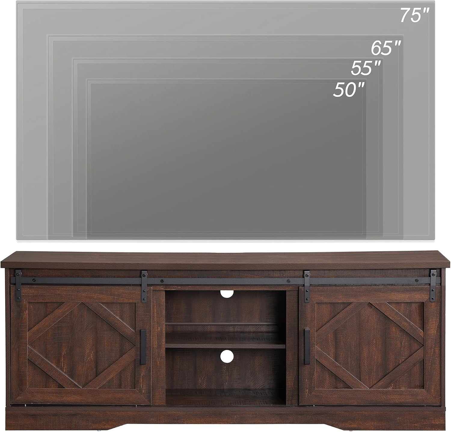 WAMPAT Modern Farmhouse TV Stand for TVs up to 75' with Sliding Barn Doors, 25.6' H Wood Entertainment Center with Adjustable Media Storage Shelf for Living Room, Dark Walnut Brown