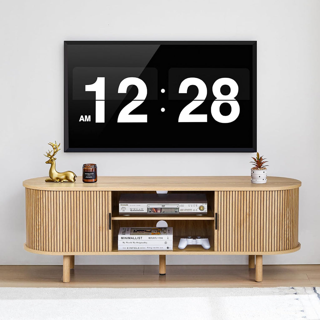 Janmer Home 54' Fluted TV Stand with Storage, Mid Century Modern TV Console with Tambour Sliding Doors, Curved Entertainment Center, Media Console for Living Room, Bedroom (Natural)