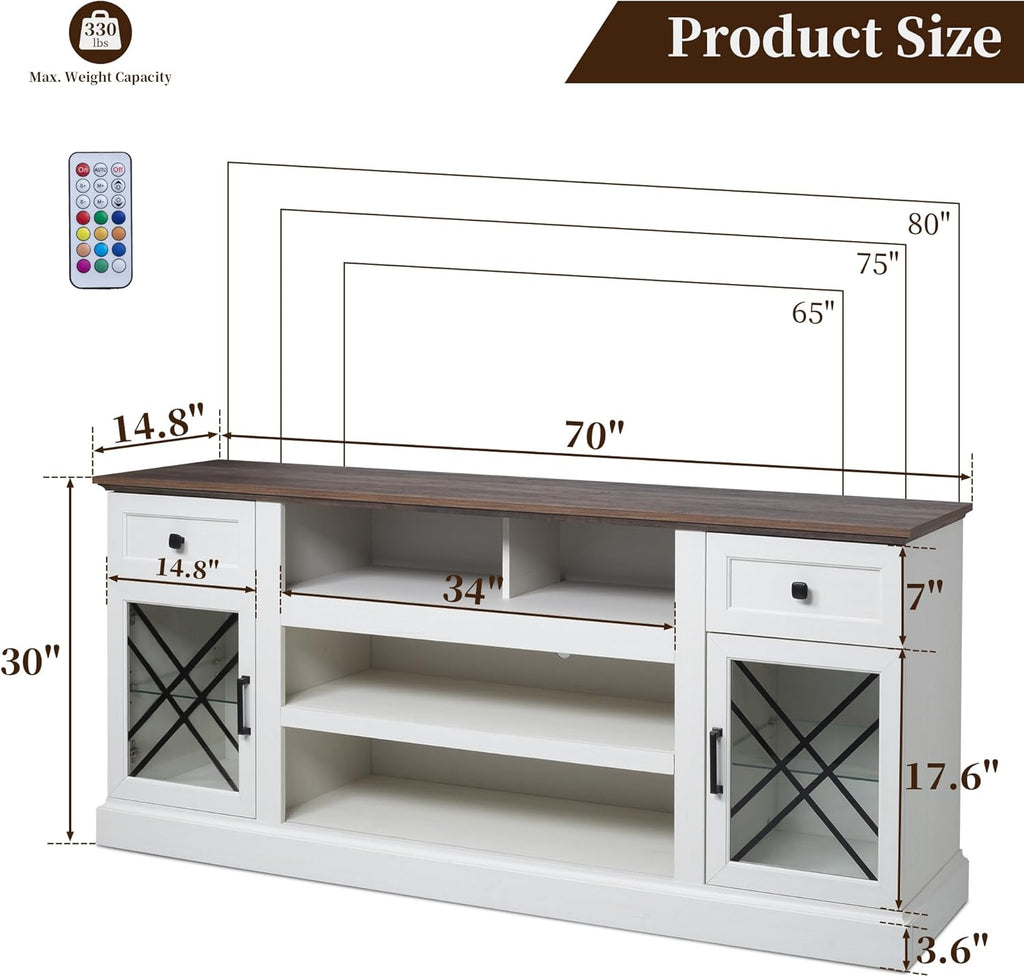 70 Inch Farmhouse TV Stand Table for 75/80 inch TV, Modern Entertainment Center with LED Lights and 2 Drawers, Wooden TV Stands for Living Room (Antique White)