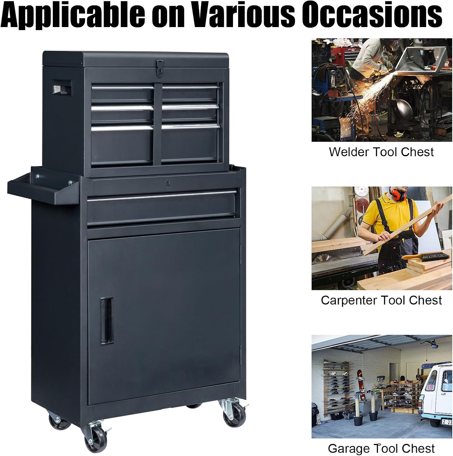 Metal Rolling Tool Box Organizer | Lockable Tool Chest with Wheels | Detachable Top Toolbox with 4 Sliding Drawers & Cabinet | Large Tool Storage Box Organizer for Garage Workshop & Tool Room