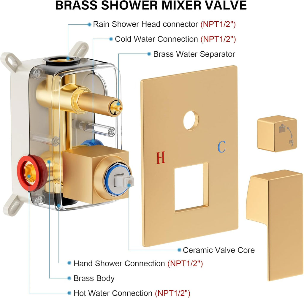 FPXRNG Gold Shower Faucet Set, Rainfall Shower System with Rain Shower Head and Handle Set, Wall Mounted Shower Fixtures, Full Metal Trim Repair Kit 12 inch Paint Gold (With Shower Valve)