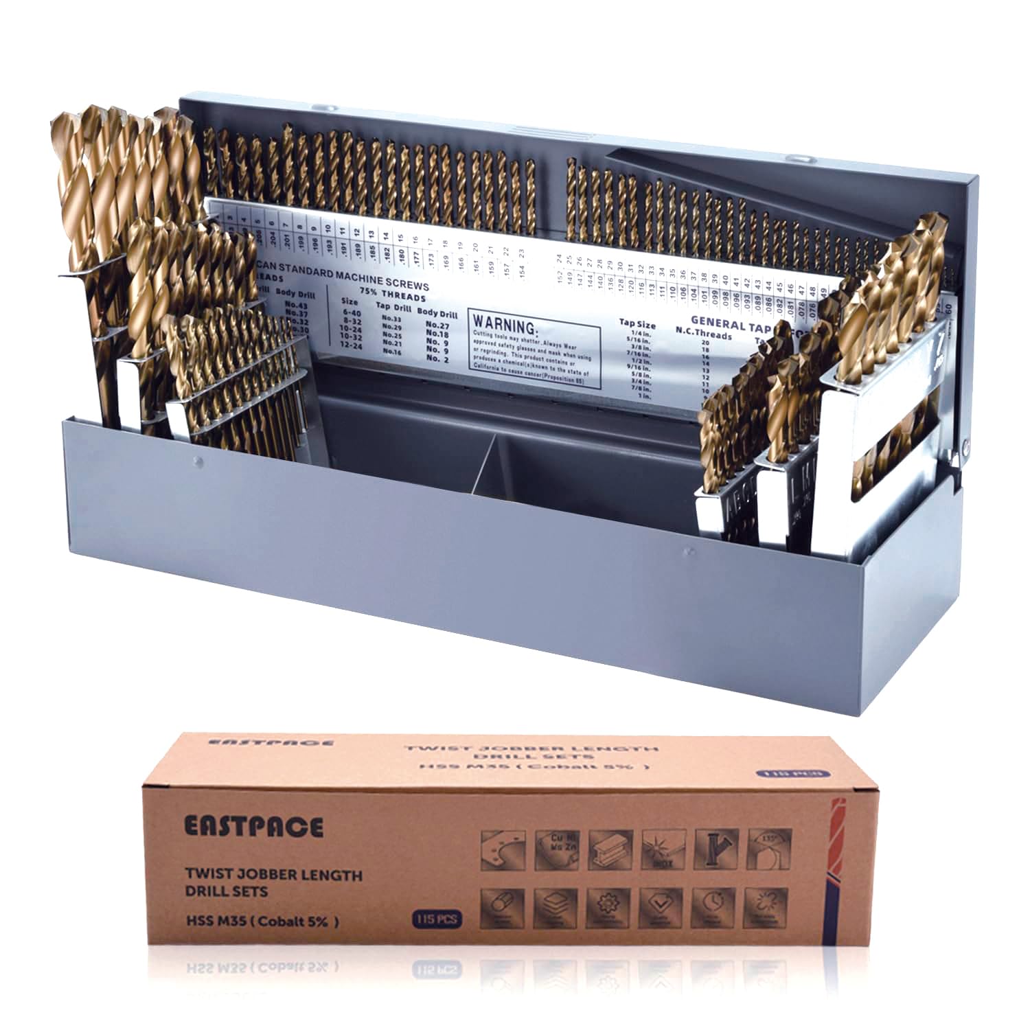 115Pcs M35 Cobalt Drill Bit Set, Twist Jobber Drill Bit Kit for Stainless Steel, Hard Metal and Wood Plastic with Indexed Metal Case (A-Z, 1-60,1/16 Inch-1/2 Inch)