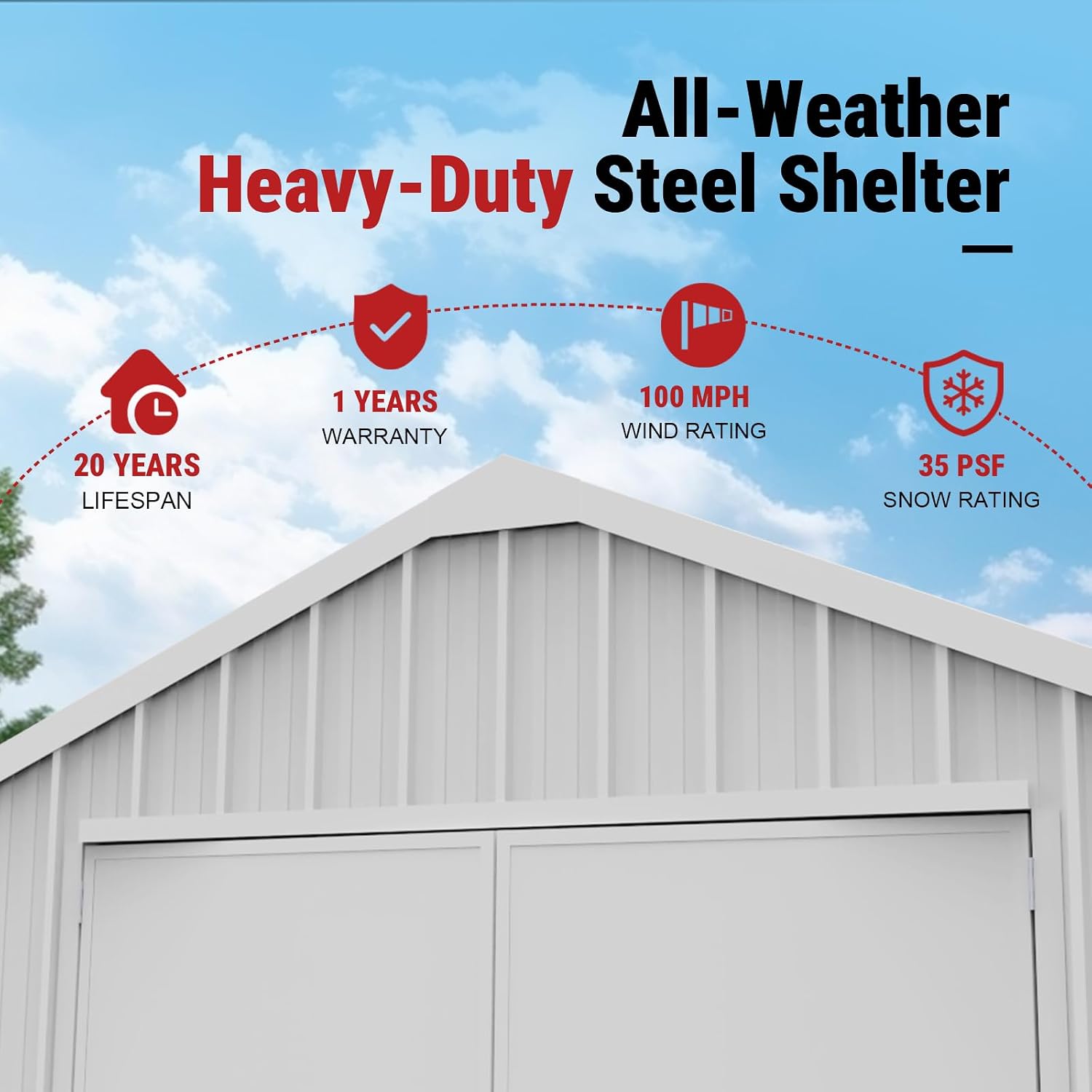 12x20FT Outdoor Metal Storage Shed, Galvanized Steel Portable Building with Double Swing Doors, Heavy-Duty Carport for Tools, Motorcycle, Equipment Storage