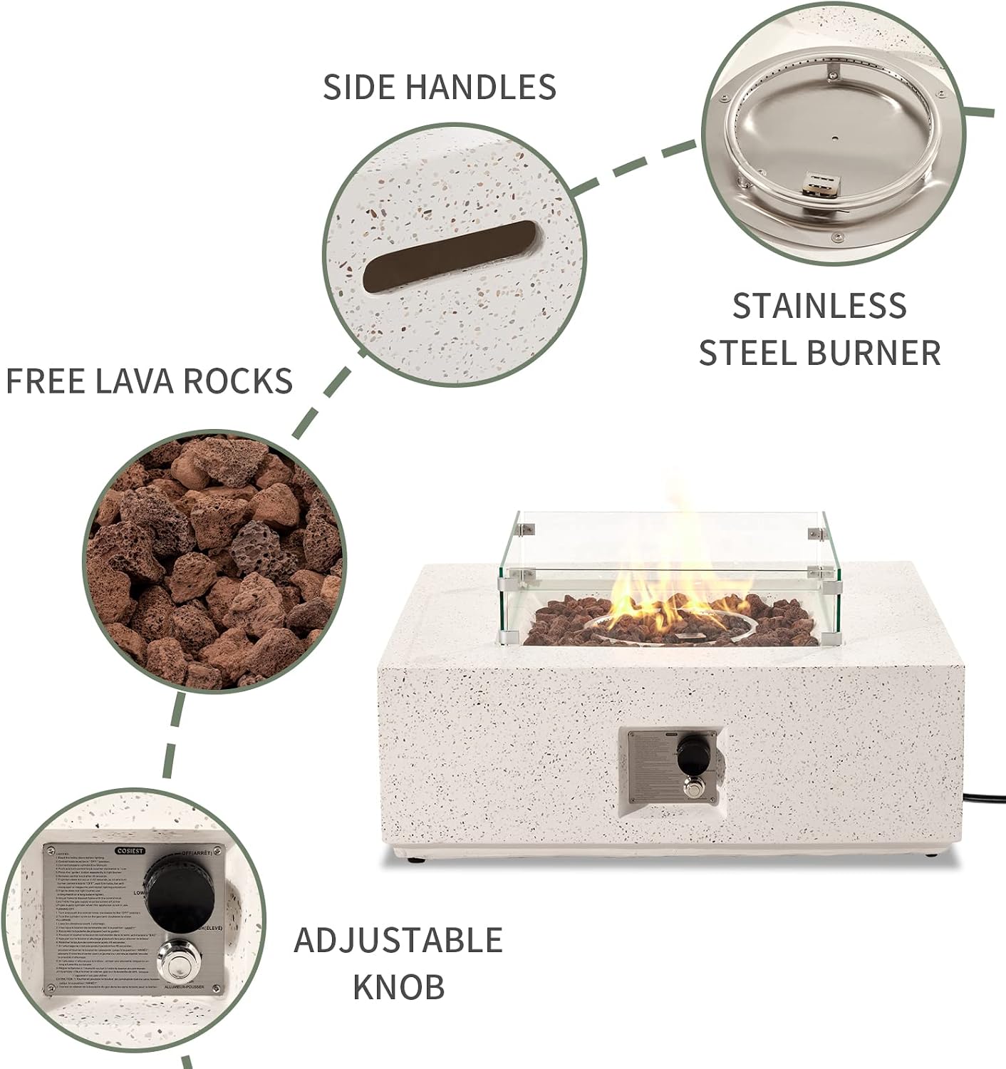 COSIEST 35-inch Square Outdoor Sandstone Propane Fire Pit w Wind Guard and Side Table, Certified, 50,000 BTU Stainless Steel Burner, Free Lava Rocks and Rain Cover, Metal Lid(Beige)