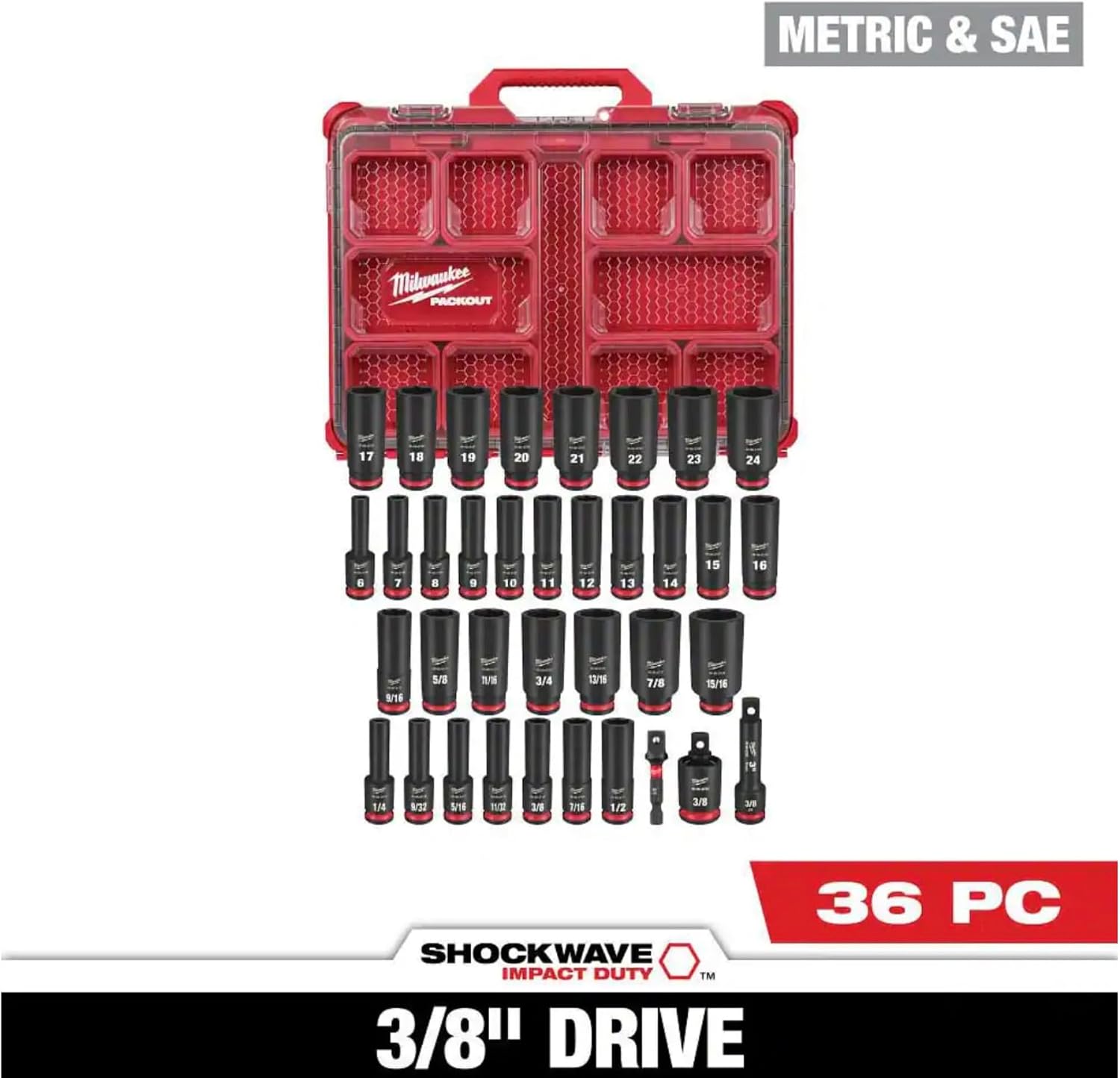 Milwaukee Electric - Shockwave Impact Duty. Socket 3/8. DR 36PC PACKOUT