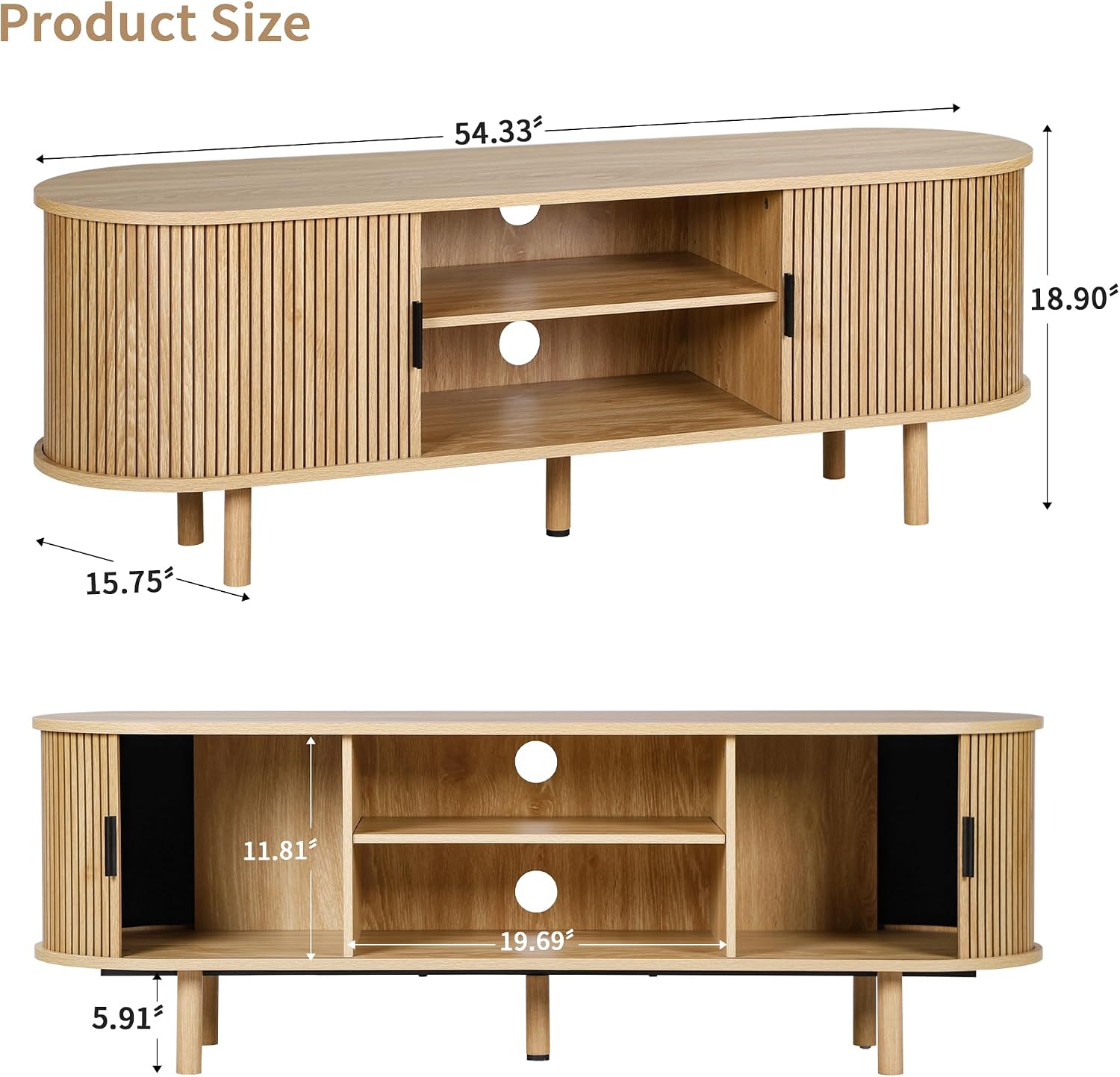 Janmer Home 54' Fluted TV Stand with Storage, Mid Century Modern TV Console with Tambour Sliding Doors, Curved Entertainment Center, Media Console for Living Room, Bedroom (Natural)