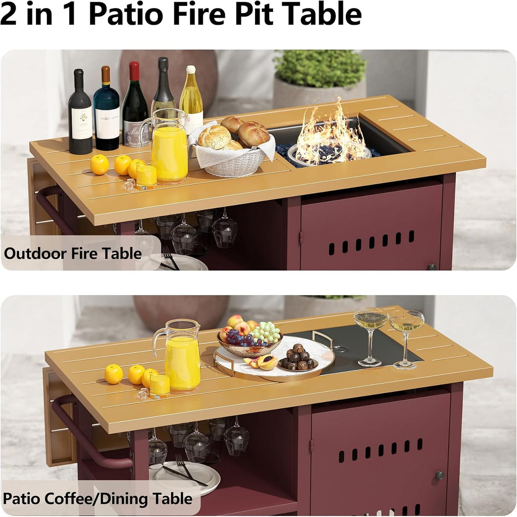 44' Propane Fire Pit, Outdoor Fire Pit Table with Cover, Outdoor Fireplace Gas Fire Pits for Outside Patio, Rectangular Firepit Table with Lid and Glass Rocks for Indoor/Deck/Backyard, Red