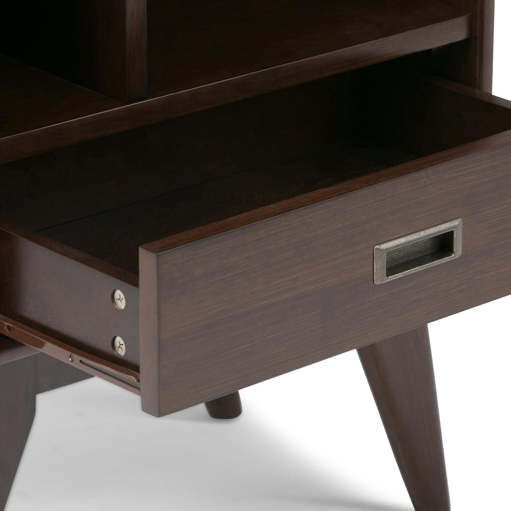 SIMPLIHOME Draper Bookcase - 64 inch Tall Solid Wood Storage Bookshelf in Medium Auburn Brown, Mid-Century Modern Storage for Living Room, Study or Office with Adjustable Shelves and Angled Legs