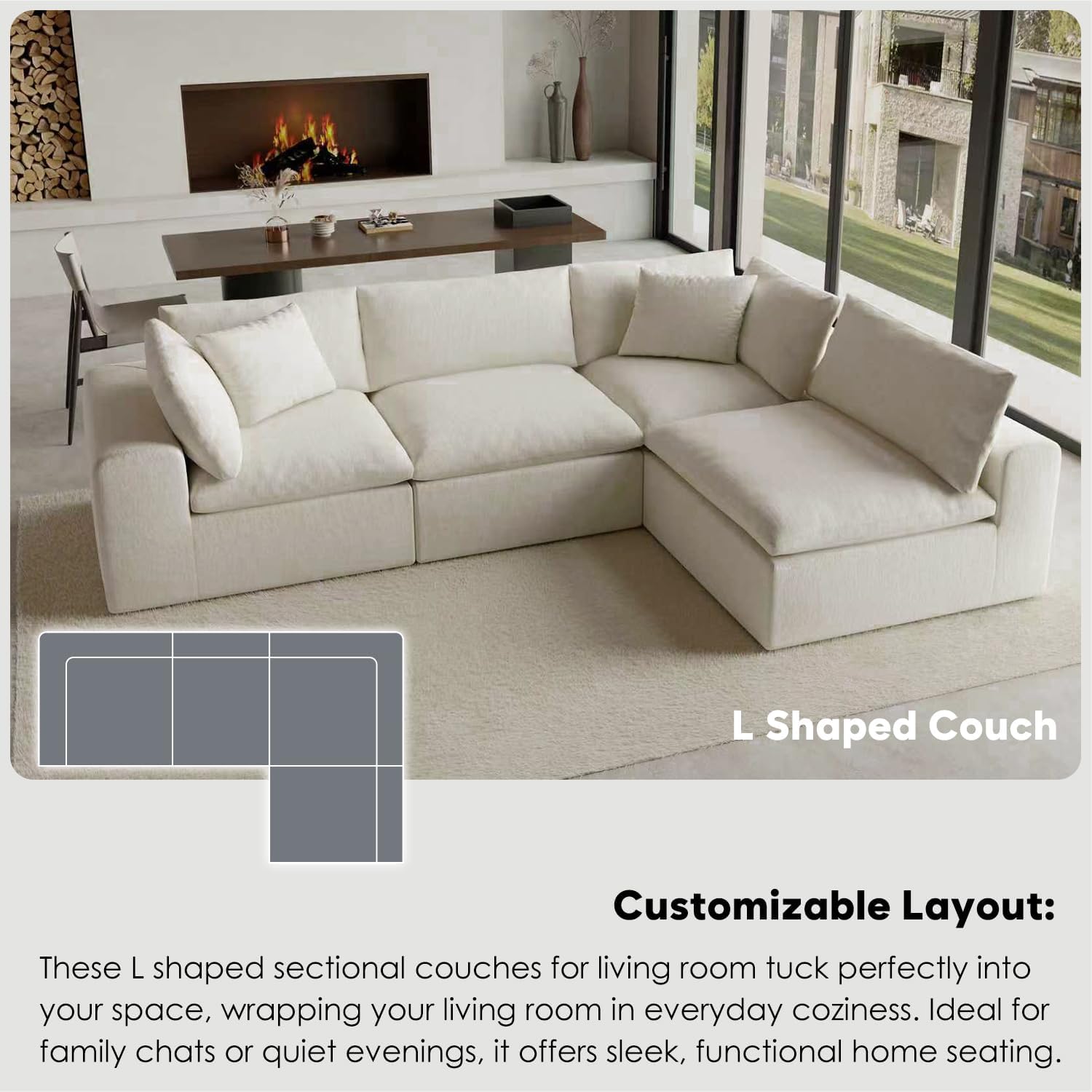 130' Oversized Boneless Cloud Couch, Modular Sectional Couches for Living Room, L-Shaped with Deep Seats, No Assembly Required, 4-Seater Washable Fabric Sleeper Sofa, White