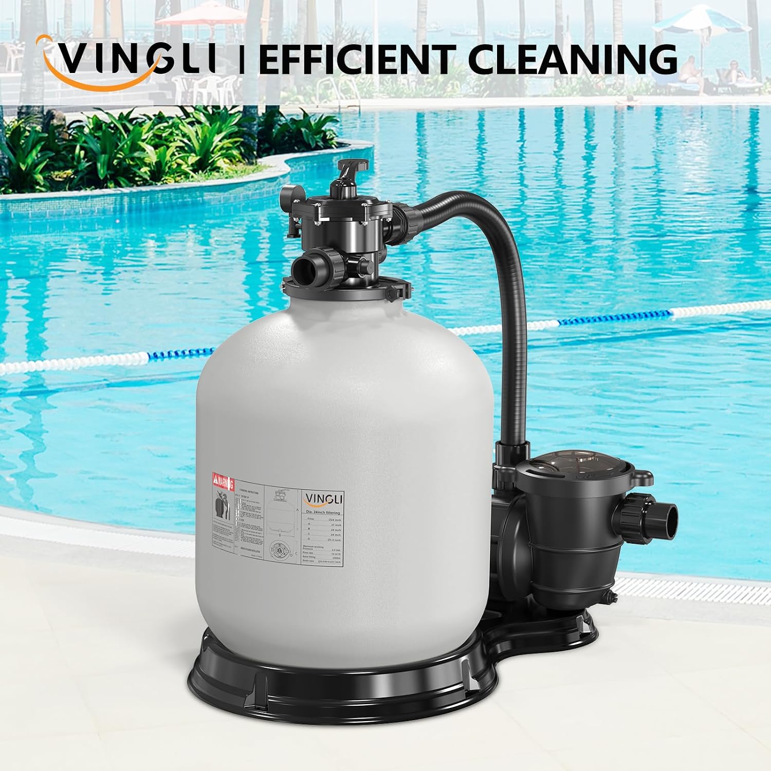 VINGLI 24 in Sand Filter Pump, 4227 GPH 1.5 HP Commercial Grade Heavy Duty Pool Filter Pump with 7-Way Valve for Large Above Ground & Inground Pools Up to 20000 Gallons