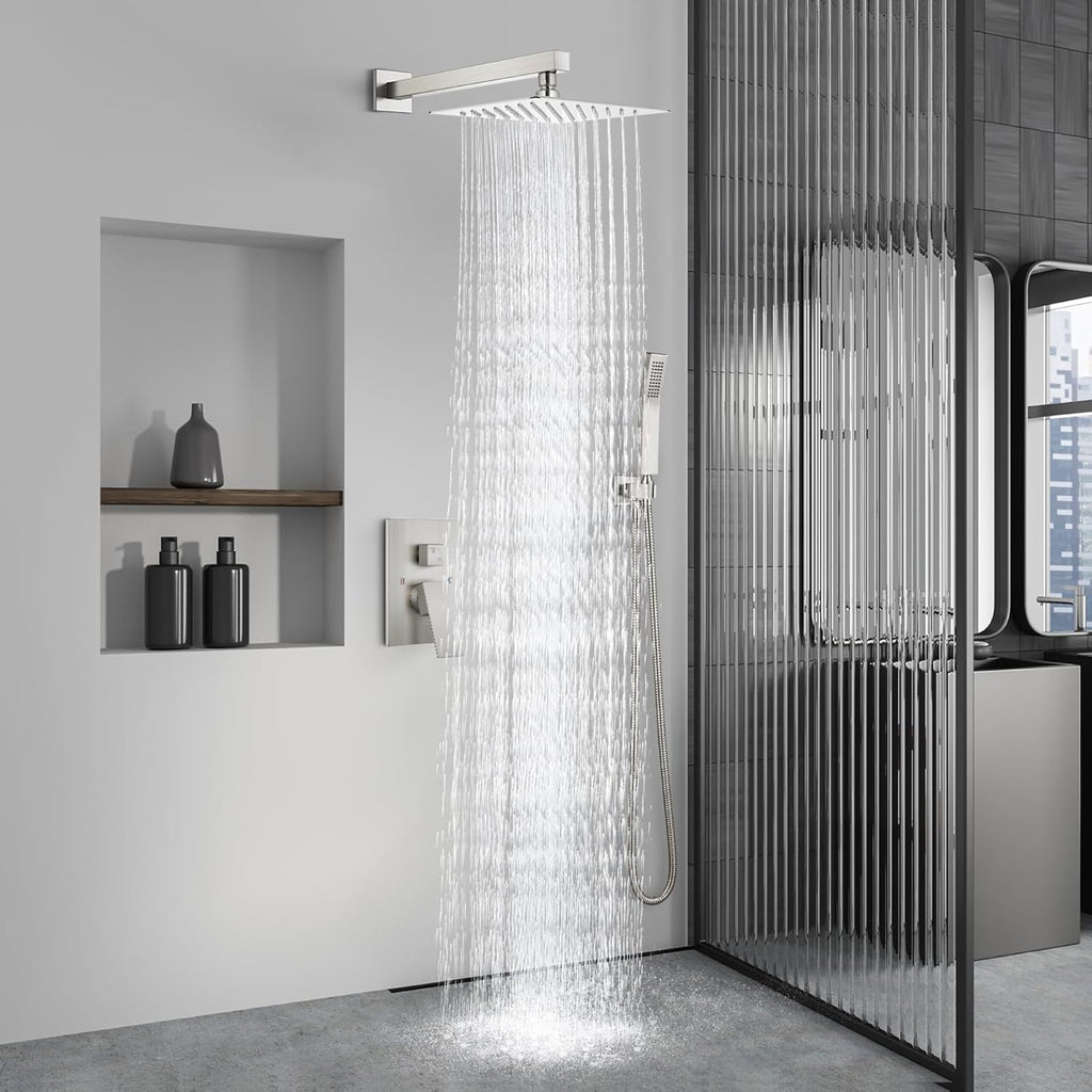 Aolemi Shower Faucet Set Rain Shower System with Handheld Spray Bathroom Shower Combo Rough-in Valve and Shower Trim Kit Included Brushed Nickel 12 Inch Wall Mount Shower Head
