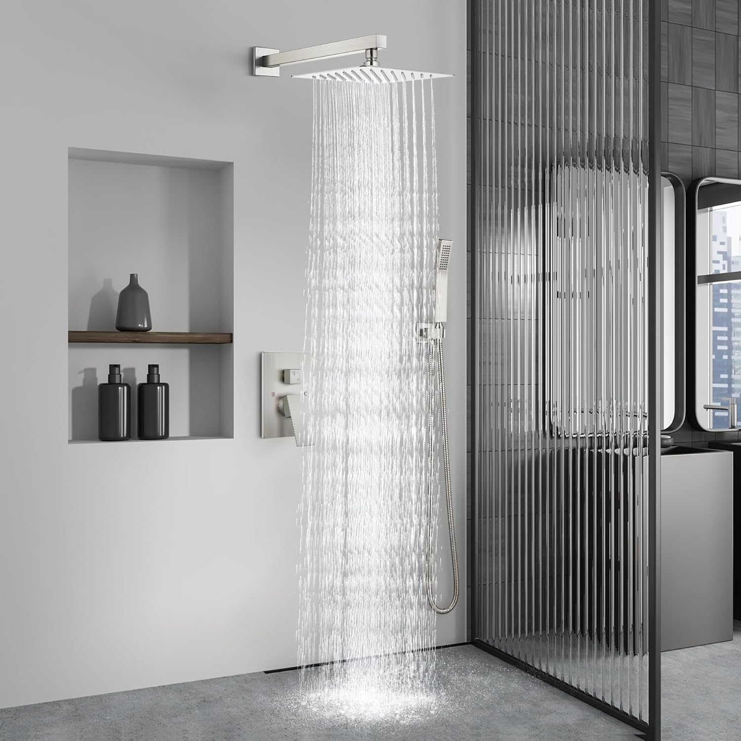 Aolemi Shower Faucet Set Rain Shower System with Handheld Spray Bathroom Shower Combo Rough-in Valve and Shower Trim Kit Included Brushed Nickel 12 Inch Wall Mount Shower Head