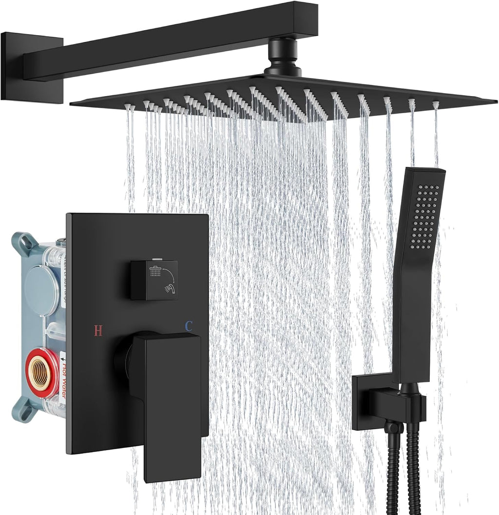 Aolemi Shower Faucet Set Rain Shower System with Handheld Spray Bathroom Shower Combo Rough-in Valve and Shower Trim Kit Included Matte Black 12 Inch Wall Mount Shower Head