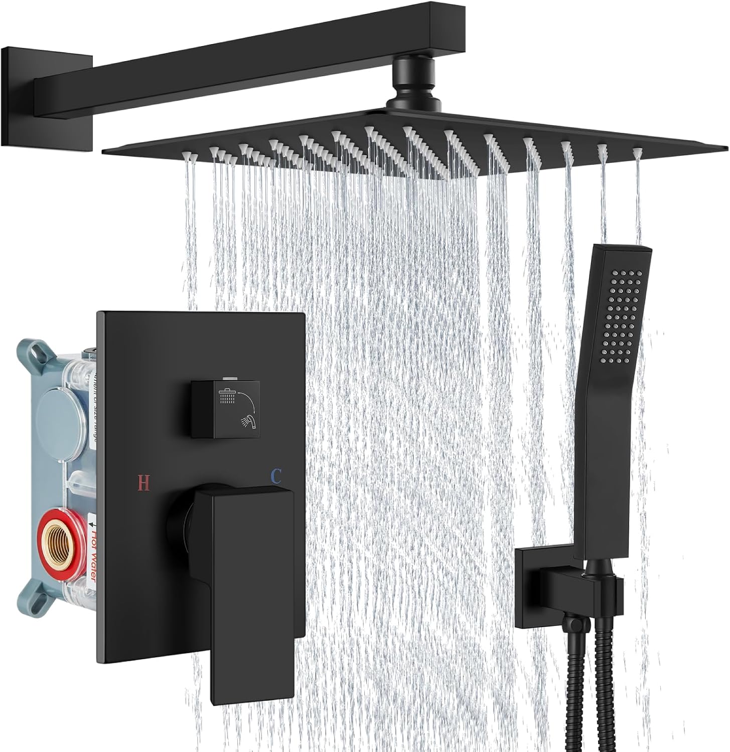 Aolemi Shower Faucet Set Rain Shower System with Handheld Spray Bathroom Shower Combo Rough-in Valve and Shower Trim Kit Included Matte Black 12 Inch Wall Mount Shower Head