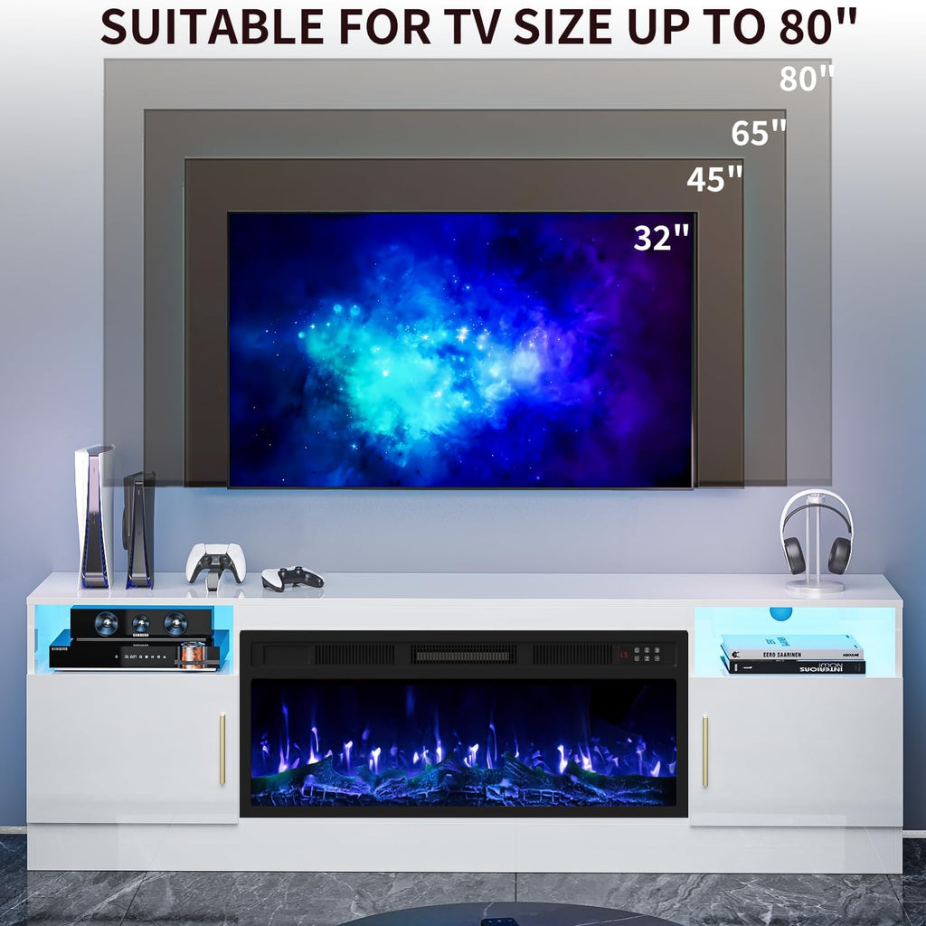 TV Stand with Fireplace, 70 Inch Fire Places TV Stand for Living Room, 36' White Electric Fireplace TV Stands, LED Entertainment Center with Fireplace, Up to 80' TVs