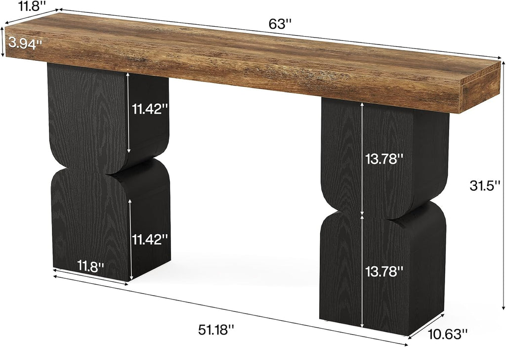 63-Inch Console Table, Heavy-Duty Look, Behind Couch Sofa Table, Color Blocking Design, Bold Structural Presence, Modern Entryway Furniture for Living Room, Hallway, Foyer, Brown + Black