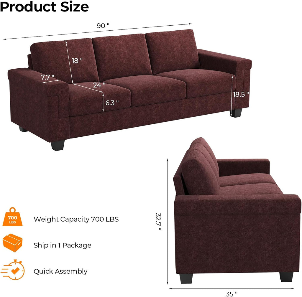 COPIAE 3 Seater Sofa Couch with Deep Seat, 90' Modern Upholstered Sofa with Armrests, Easy Installation, Comfy Couches for Living Room, Apartment, Burgundy