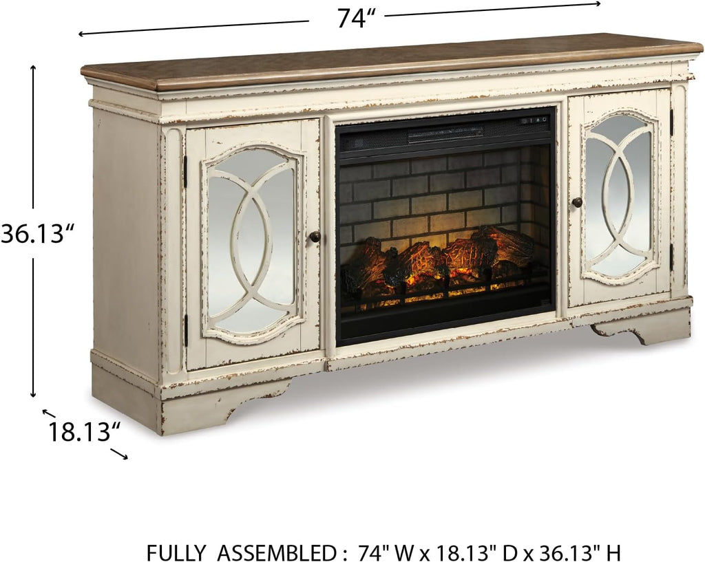 Signature Design by Ashley Realyn Vintage Casual TV Stand with Electric Fireplace, Heats Larger Rooms, Bronze Hardware, Wood, 74' Wide, White & Brown