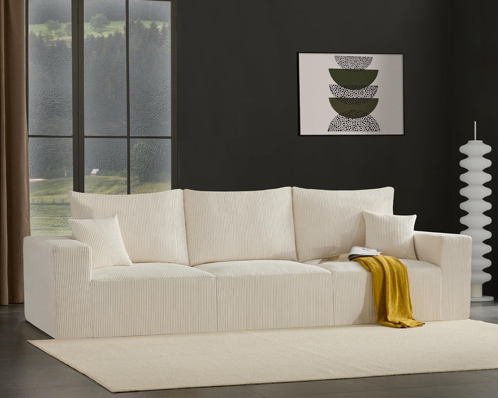 Gericco 113' Modular Sectional Couch, Cloud Boneless Sofa with Deep Seats, Upholstered Corduroy Sleeper Sofa Bed with 3-Seater for Living Room, No Assembly Required, Beige
