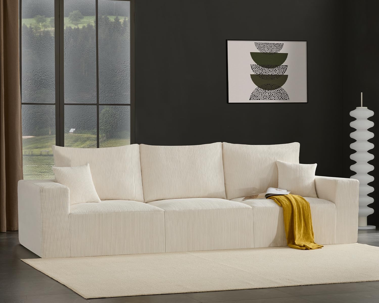 Gericco 113' Modular Sectional Couch, Cloud Boneless Sofa with Deep Seats, Upholstered Corduroy Sleeper Sofa Bed with 3-Seater for Living Room, No Assembly Required, Beige