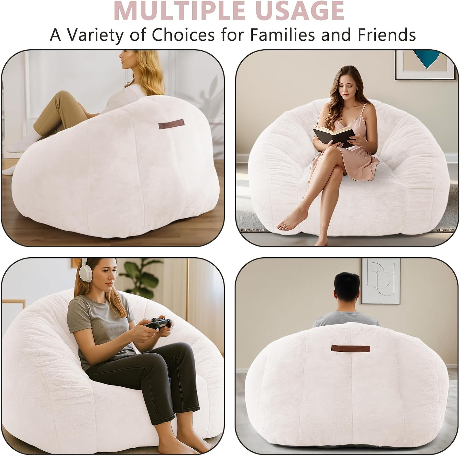 Bean Bag Chair for Adults, Soft Faux Fur Giant Beanbag Chairs, Oversized Cozy Bean Bag Couch Large Reading Chair, Comfy Bean Bag Sofa for Living Room, Bedroom & Dorm, Light Pink