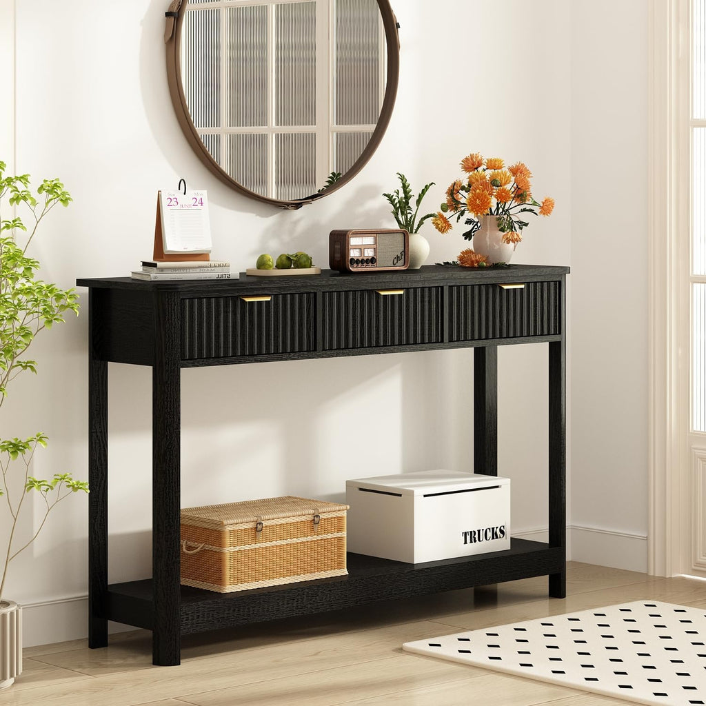RUSTOWN Fluted Wood Console Table with 3 Drawers, Boho Narrow Behind Couch Entryway Table with Open Storage Shelf, Modern Sofa Table for Living Room, Foyer and Hallway (Black)