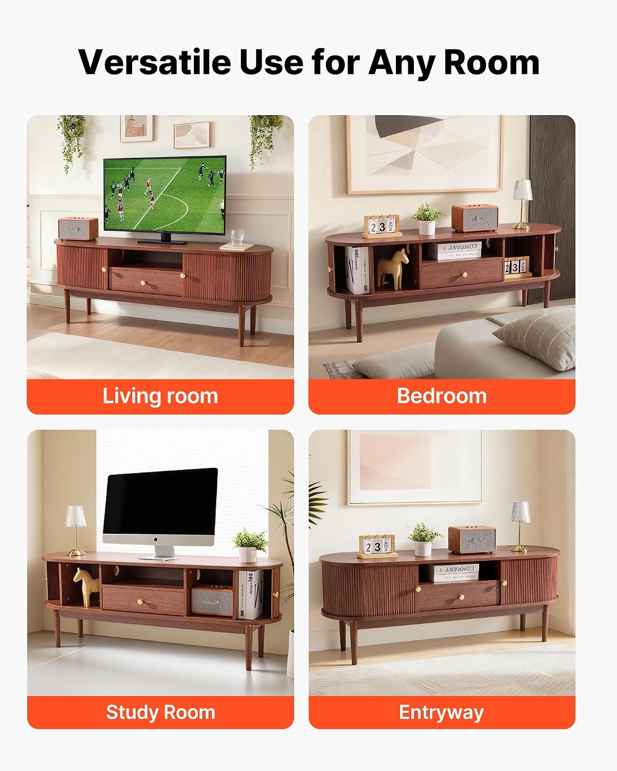 VEVOR Boho Fluted TV Stand with Storage and Drawer, for 55/60/65 inch TVs, Mid Century Modern Entertainment Center TV Console with Sliding Tambour Door & Open Shelves for Living Room, Bedroom, Walnut
