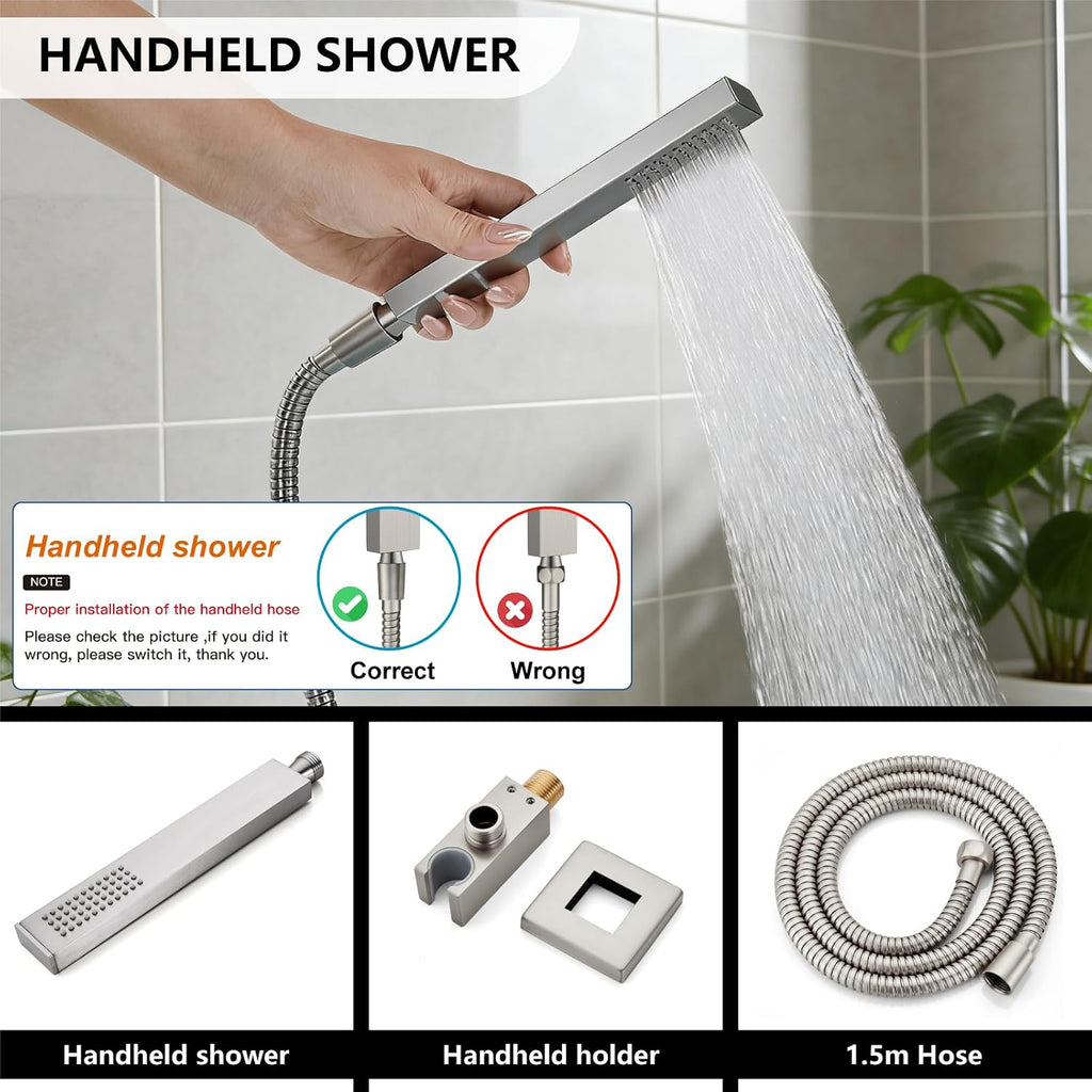 Midanya Shower System with Tub Spout,Bathtub Shower Faucet Set with Square Rainfall Head and Handheld Sprayer Wall Mount Tub Faucet Set with Valve and Trim Kit,10 Inch Brushed Nickel