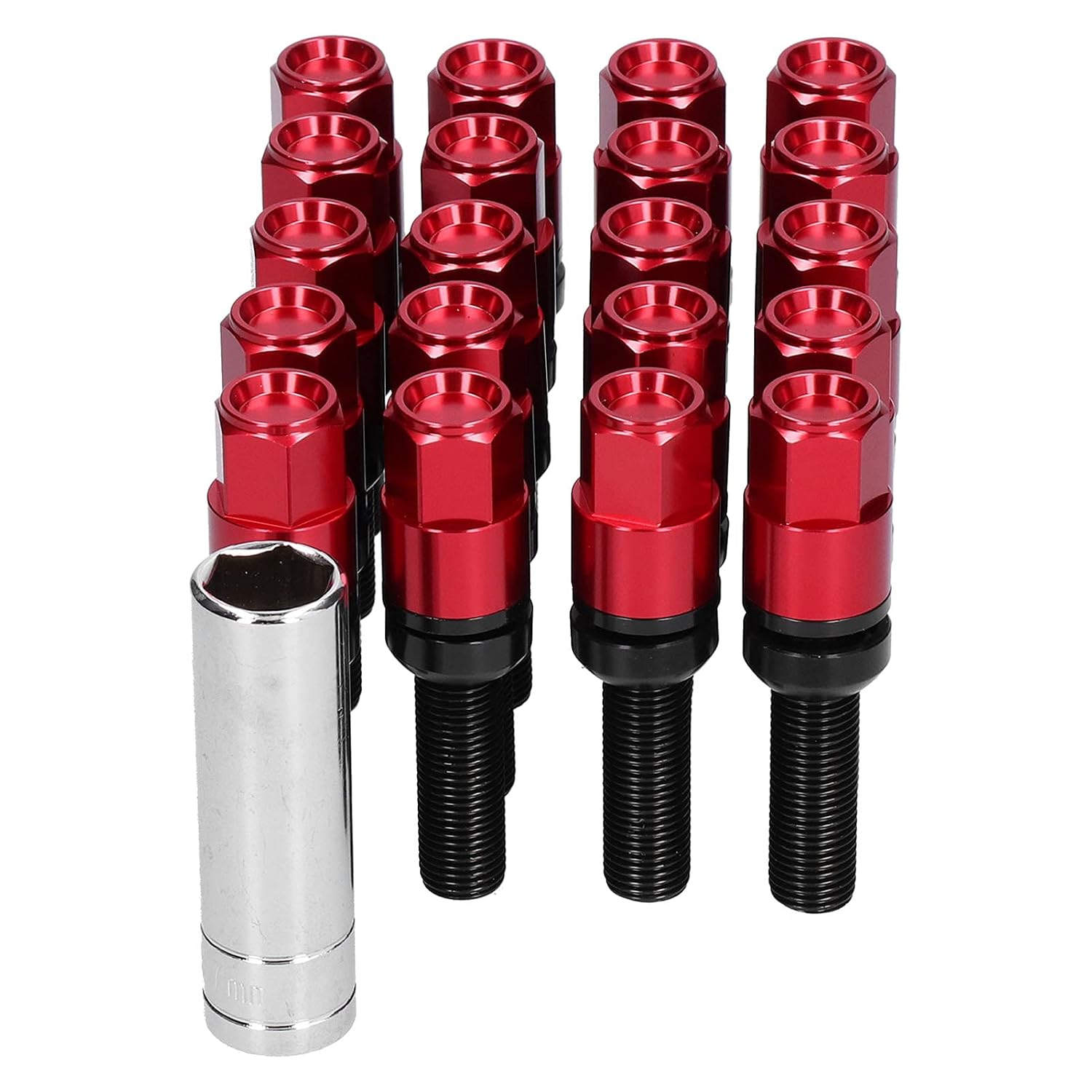 Brilluxa Lug Bolts, Extended Wheel Lug Bolt Set M14x1.5 Ball Seat, 42mm Thread Wheel Stud Bolts, Red, for Aftermarket Wheels Spacer Install and Custom Fitment Wheel Mounting Hardware