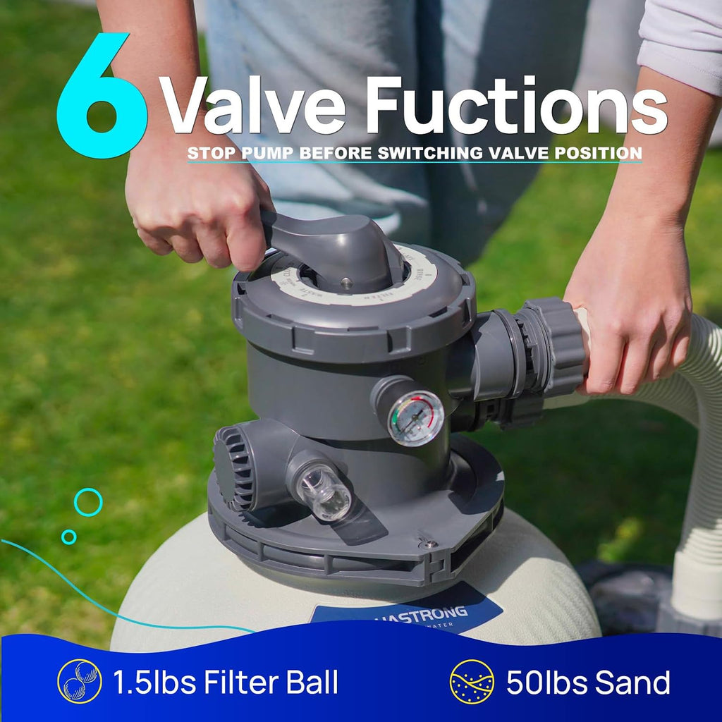 AQUASTRONG Sand Filter Pump for Above Ground Pool, Pool Pumps Above Ground with Timer, Pool Sand Filter with 6-Way Valve,Improved Circulation and Filtration,12in, up to 9000 Gallons