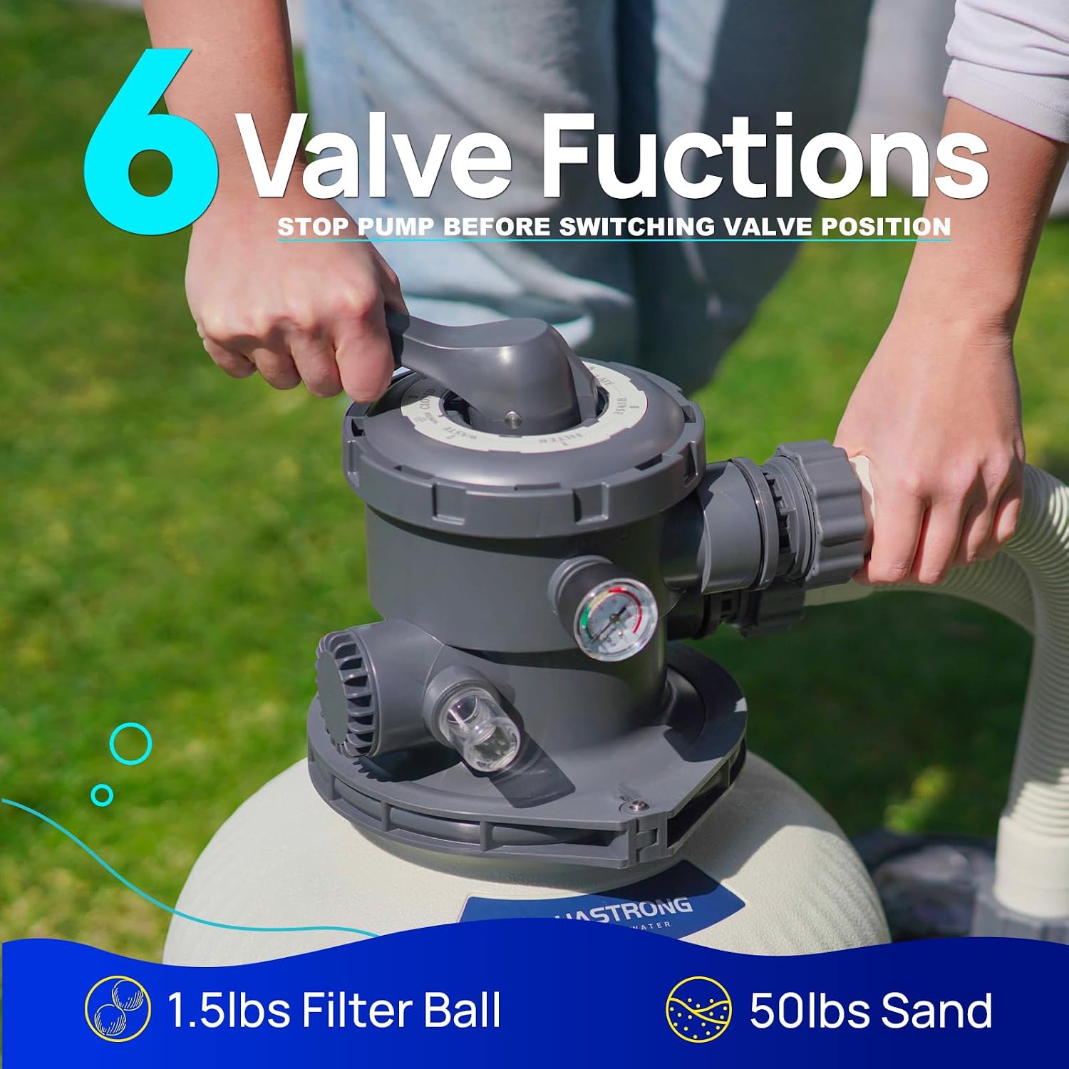 AQUASTRONG Sand Filter Pump for Above Ground Pool, Pool Pumps Above Ground with Timer, Pool Sand Filter with 6-Way Valve,Improved Circulation and Filtration,12in, up to 9000 Gallons