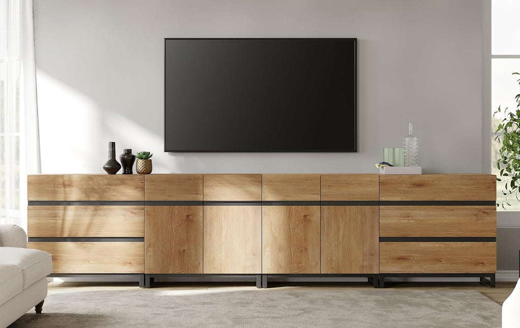 WAMPAT Modern TV Stand for TVs up to 120 Inches, 4-in-1 Media Console with 6 Drawers and Adjustable Shelves, Entertainment Center for Living Room or Bedroom, Oak
