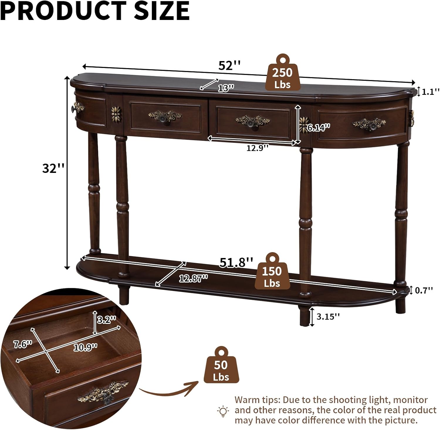 Retro Curved Console Table, 52' Half Moon Console Table Sofa Table Entryway Table with 2 Drawers 1 Open Shelf Solid Pine Legs for Living Room,Entryway,Hallway,Espresso
