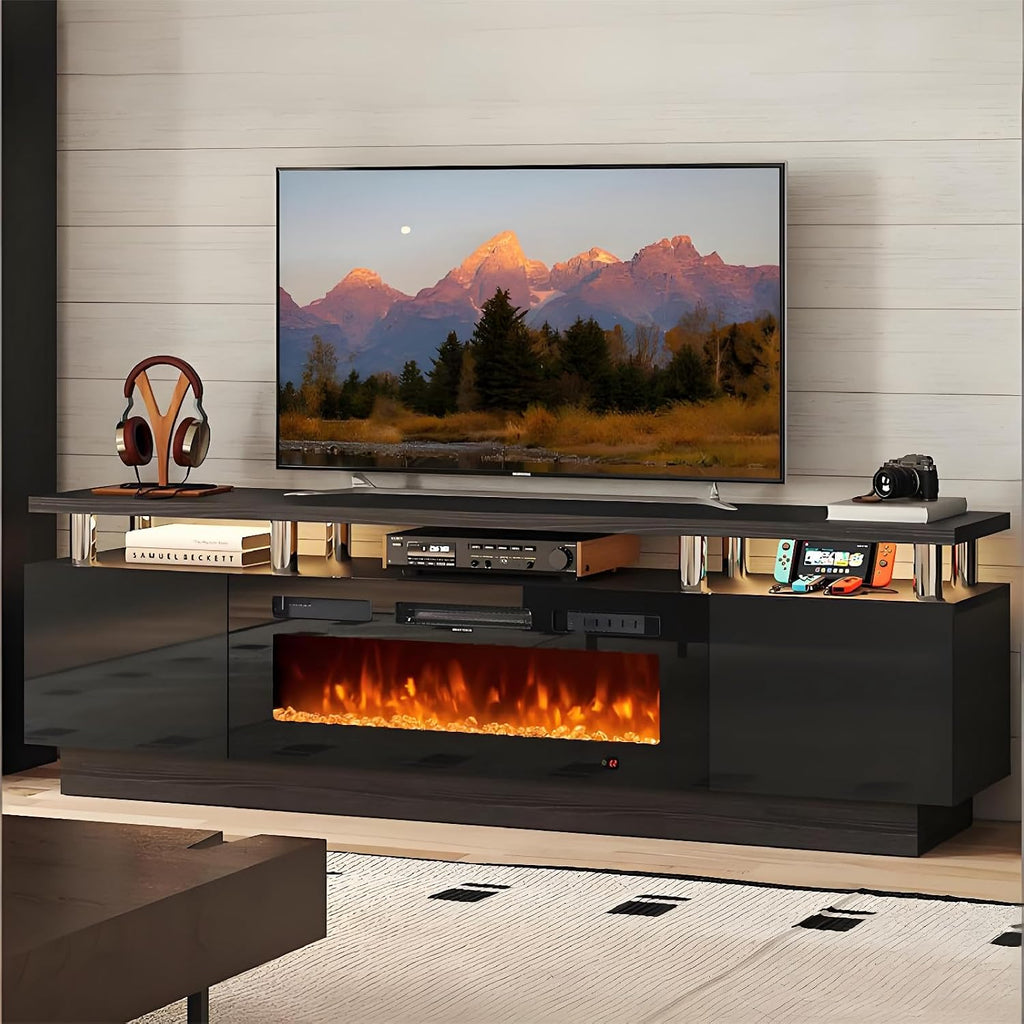 MXV 70' Fireplace TV Stand, Modern Entertainment Center & 36 Inch Electric Fireplace with Remote Control, LED Light, Fire Place Tv Stand for Living Room for TVs up to 80', Black + Black