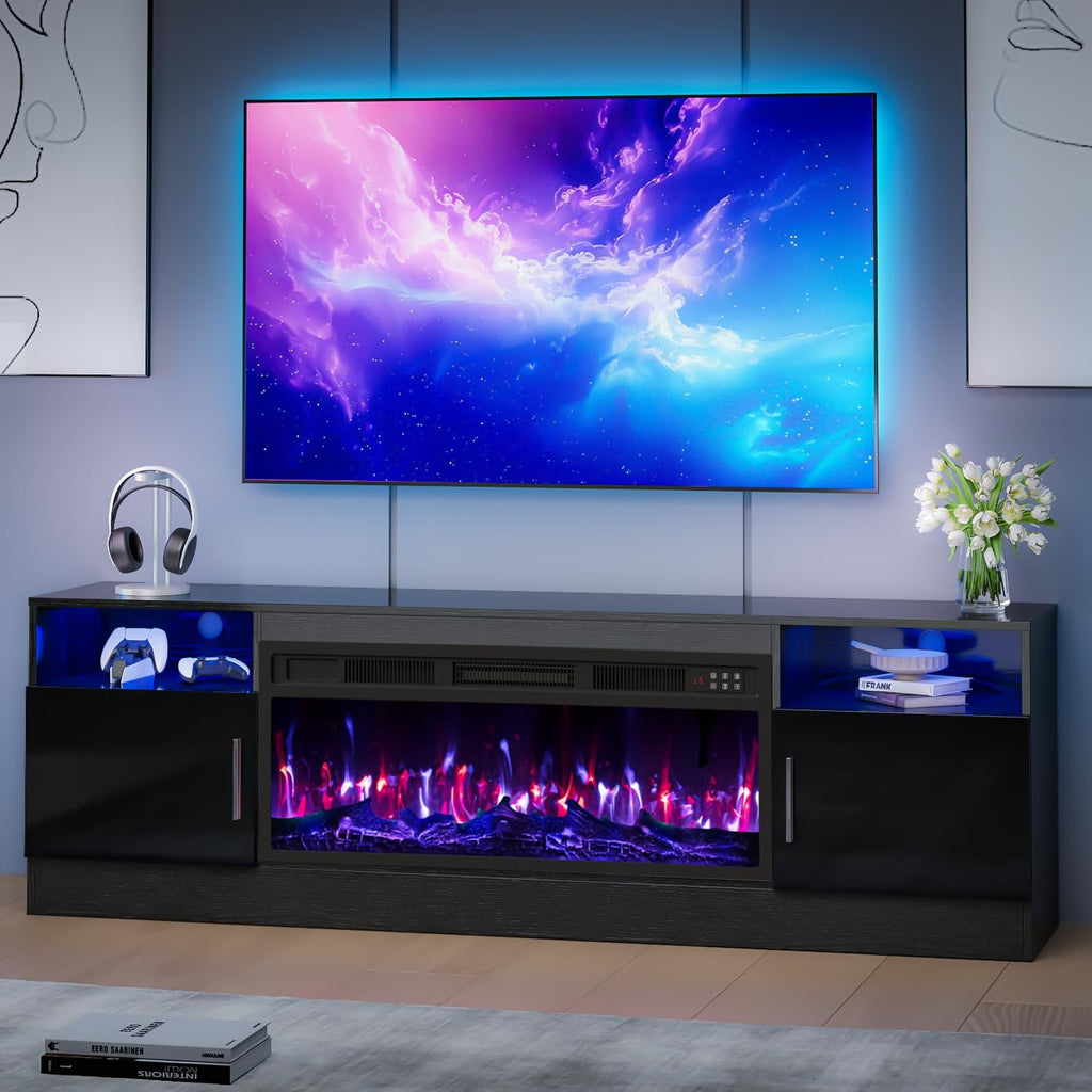 TV Stand with Fireplace, 36' Fireplace TV Stand LED Entertainment Center with Fireplace, 70 Inch Modern Electric Fireplace TV Stand for Living Room, Black TV Stand with Fireplace Up to 80' TVs
