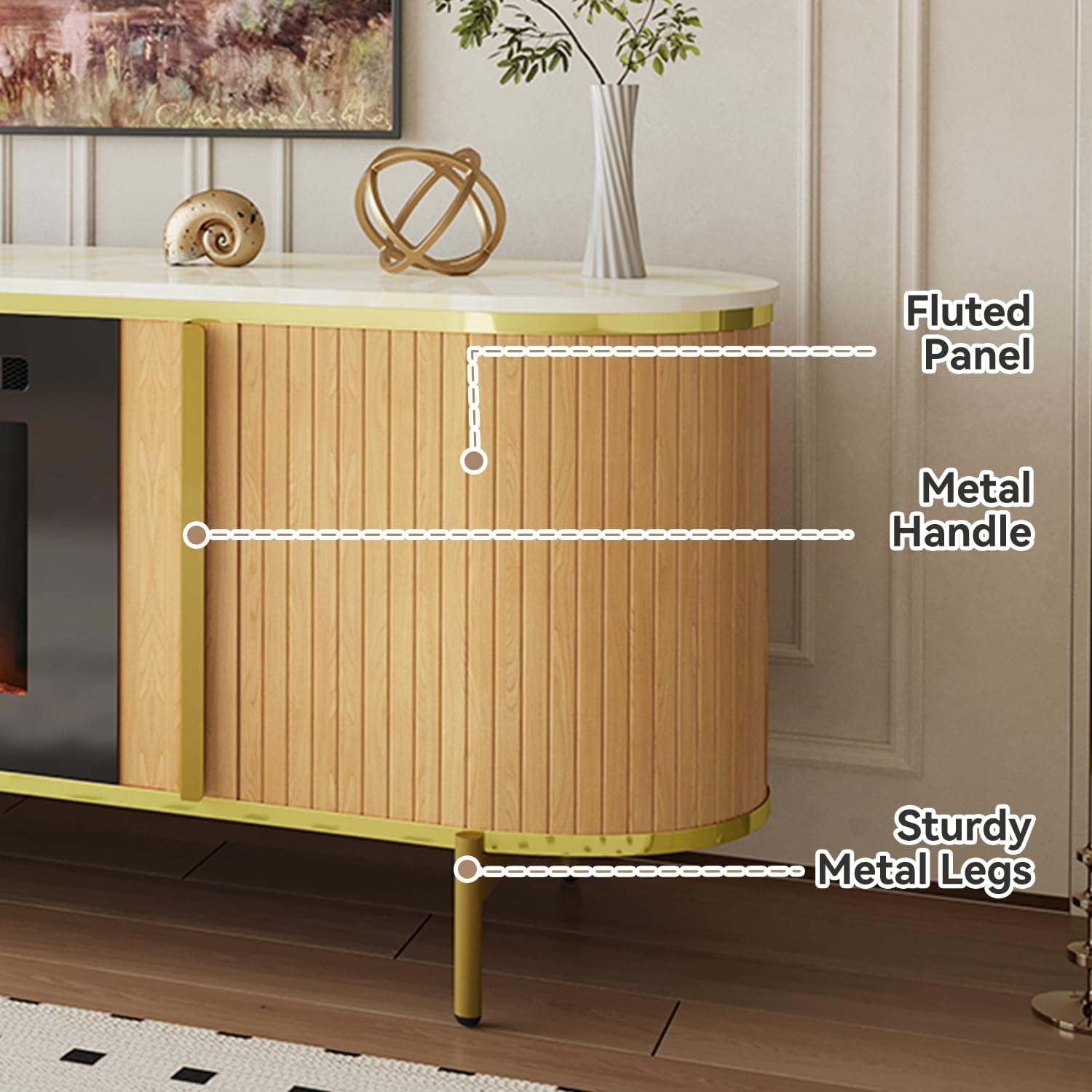 Luxury 70' Fluted TV Stand with Fireplace, Modern Chic Entertainment Center for TVs Up to 80', TV Console for Living Room, Media Cabinet with Storage,70 Inch, Oak